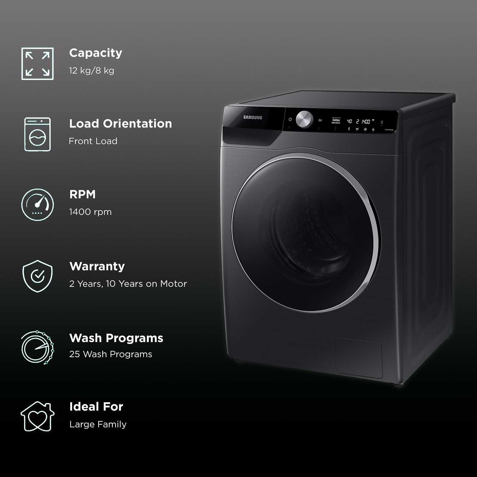 SAMSUNG 12/8 kg Inverter Fully Automatic Front Load Washer Dryer (WD12TP44DSB/TL, Wi-Fi Enabled, Black Caviar)_2