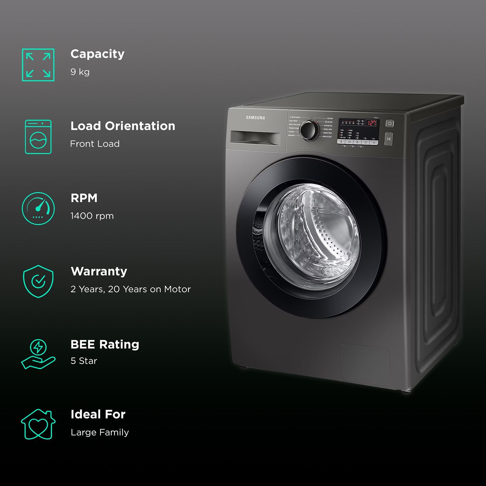 SAMSUNG 9 kg 5 Star Inverter Fully Automatic Front Load Washing Machine (WW90T4040CX1TL, Hygiene Steam, Inox)_2