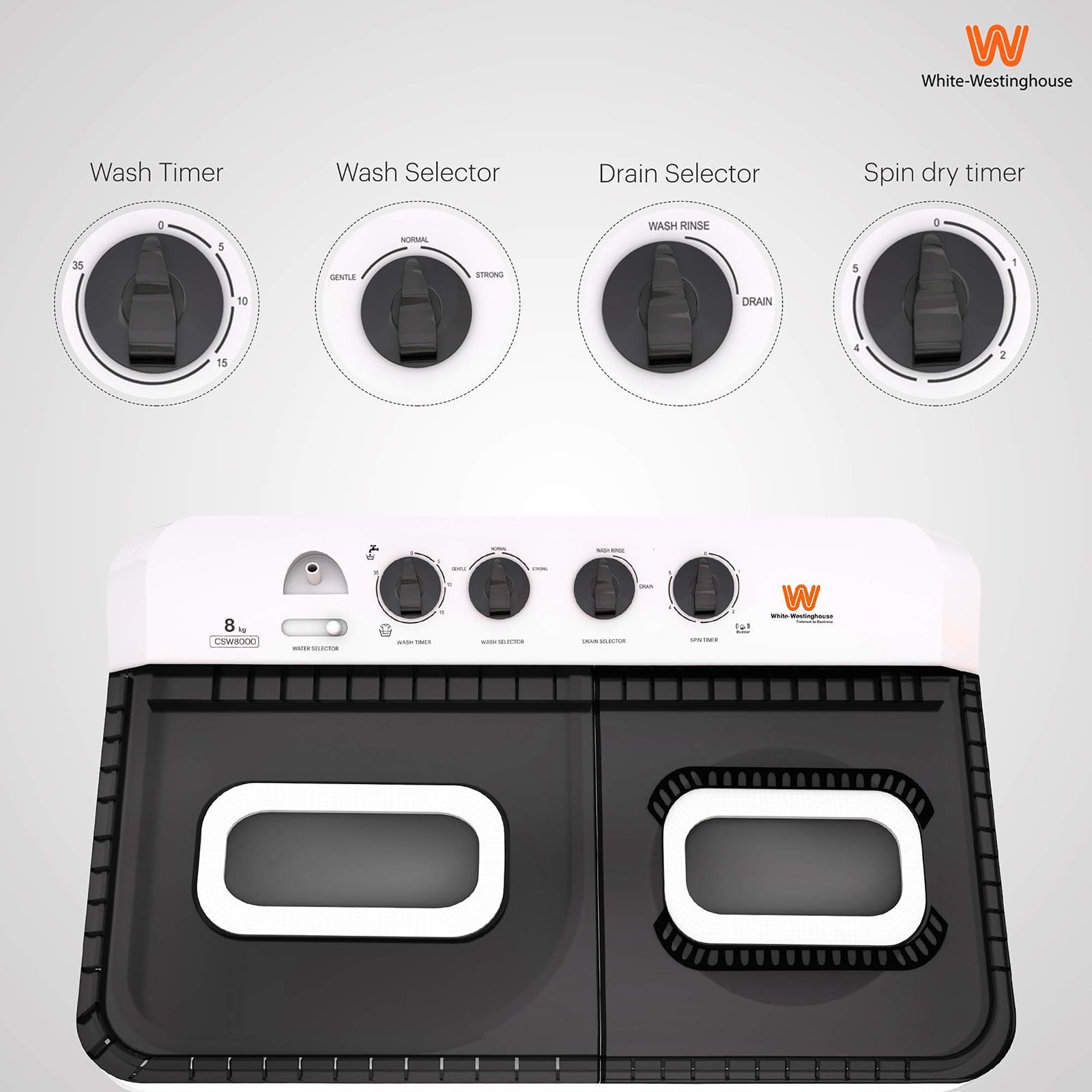 White Westinghouse 8 kg 5 Star Semi Automatic Washing Machine with 5 Wing Pulsator (CSW8000, White and Grey)_13