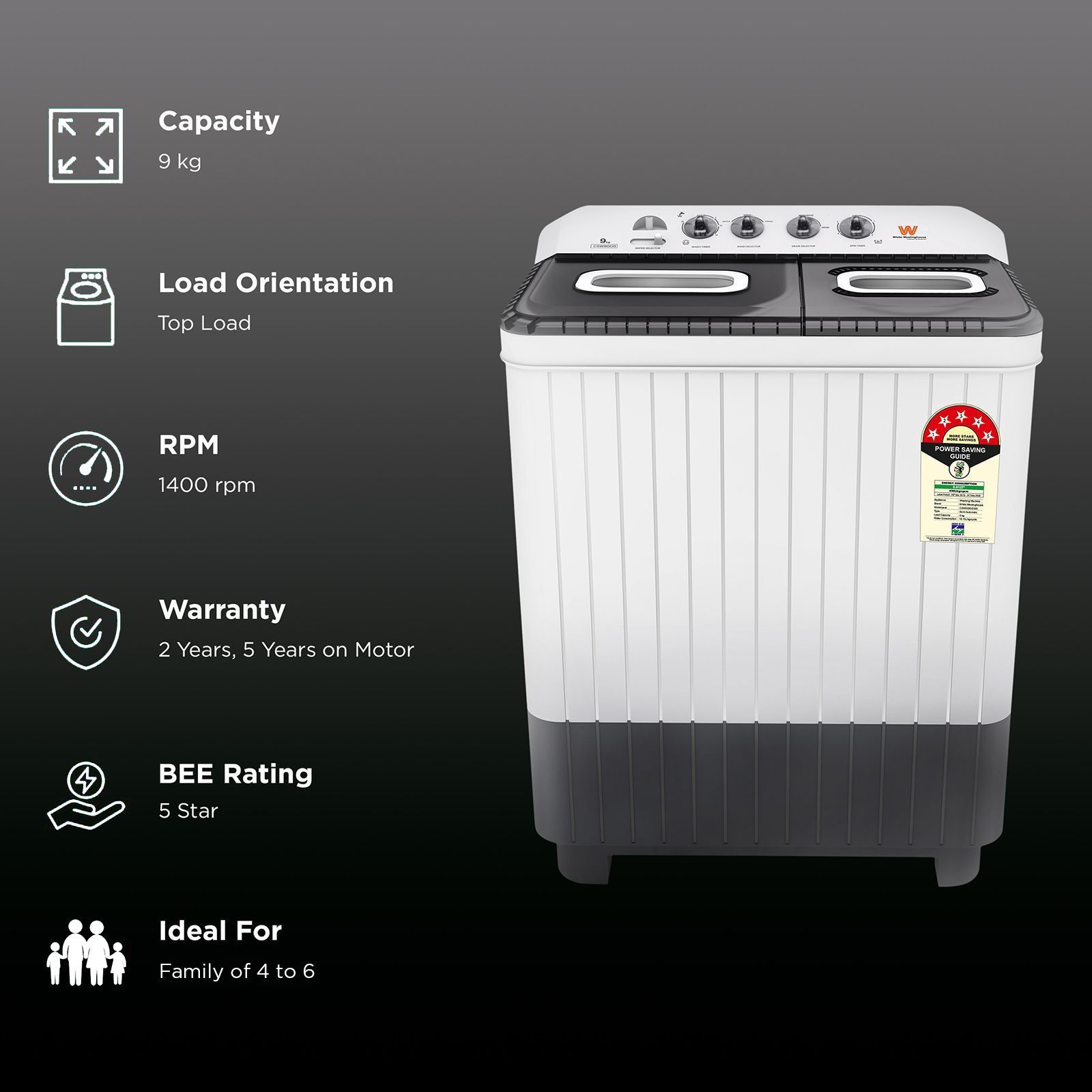 White Westinghouse 9 kg 5 Star Semi Automatic Washing Machine with 5 Wing Pulsator (CSW9000, Grey)_2