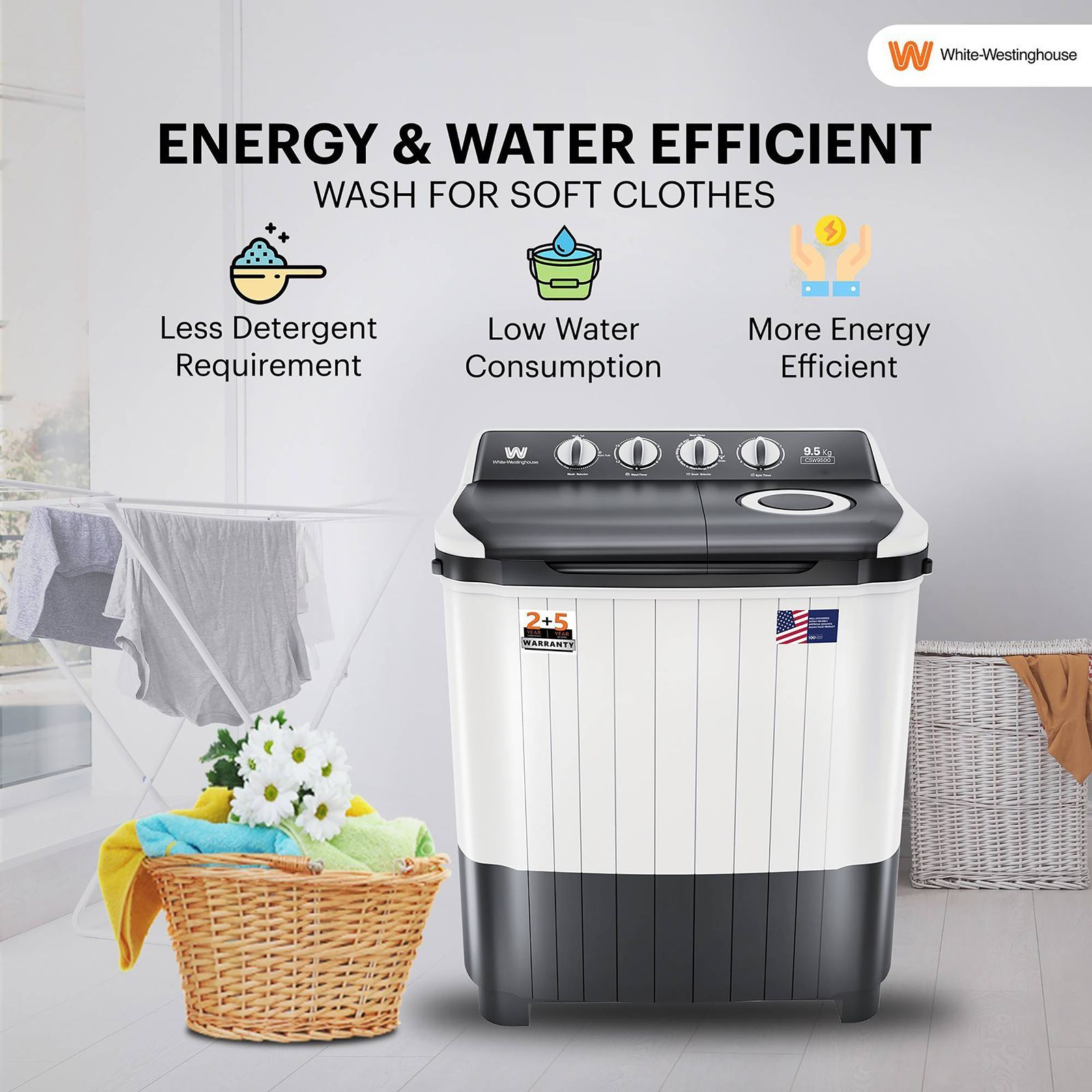 White Westinghouse 9.5 kg Semi Automatic Washing Machine with Robust Motor (CSW9500, Grey)_11
