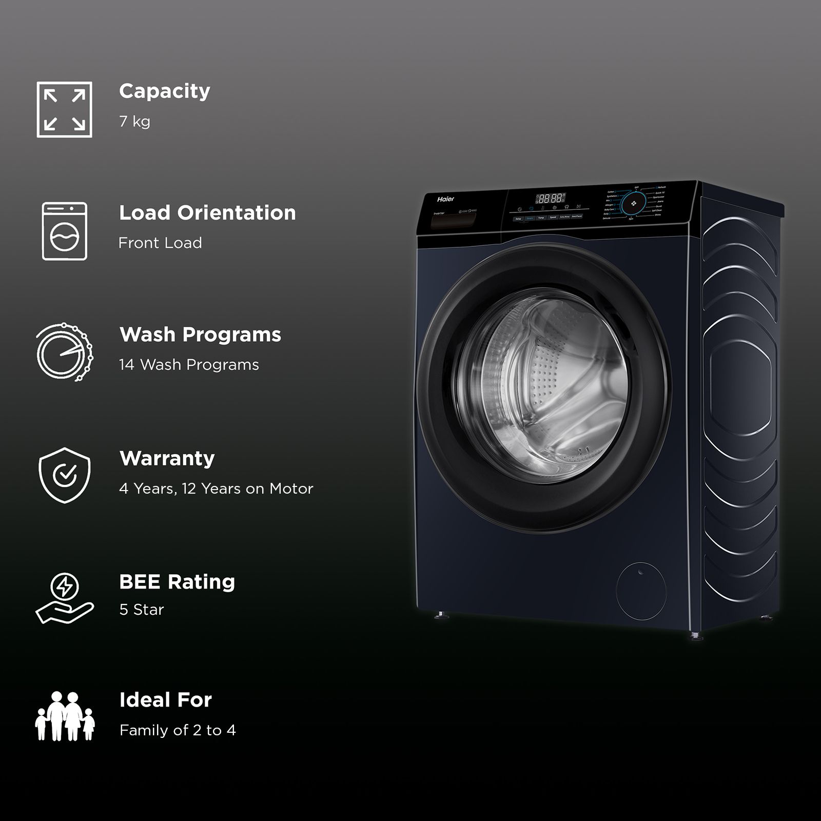 Haier 7 kg 5 Star Inverter Fully Automatic Front Load Washing Machine (HW70-IM12929BKU1, Anti Bacterial Technology, Black)_2