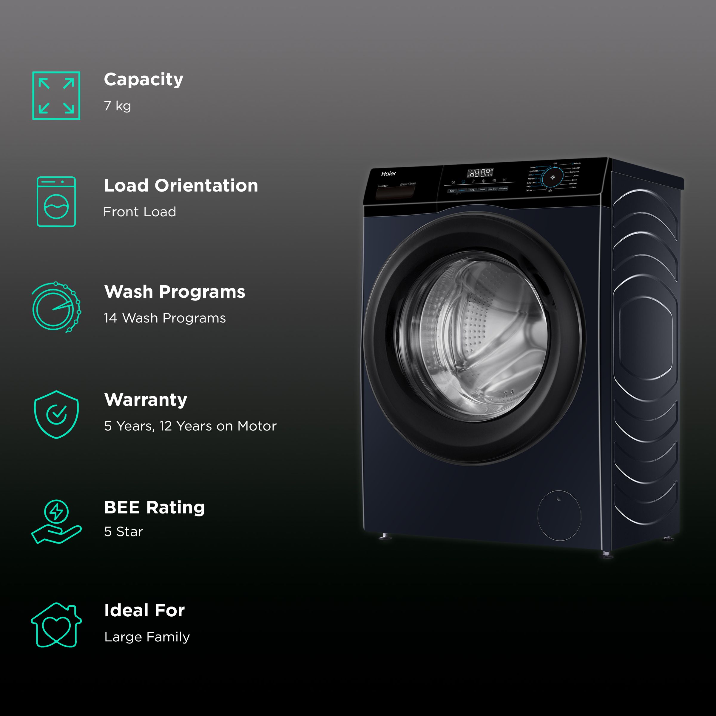 Haier 7 kg 5 Star Inverter Fully Automatic Front Load Washing Machine (HW70-IM12929BKU1, Anti Bacterial Technology, Black)_2