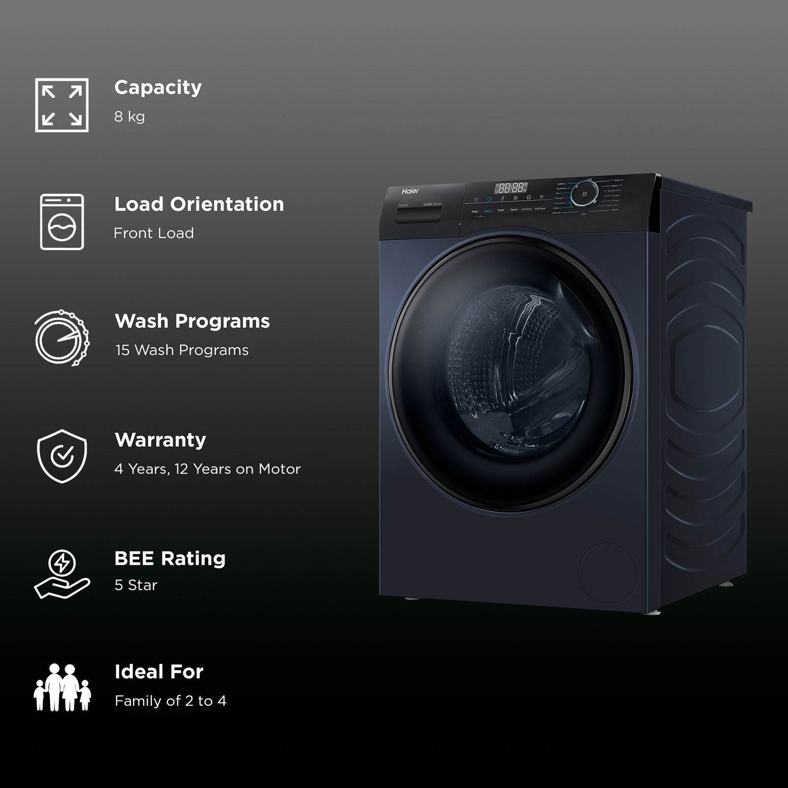 Haier 8 kg 5 Star Inverter Fully Automatic Front Load Washing Machine (HW80-IM12929CBK, Anti Bacterial Technology, Black)_2