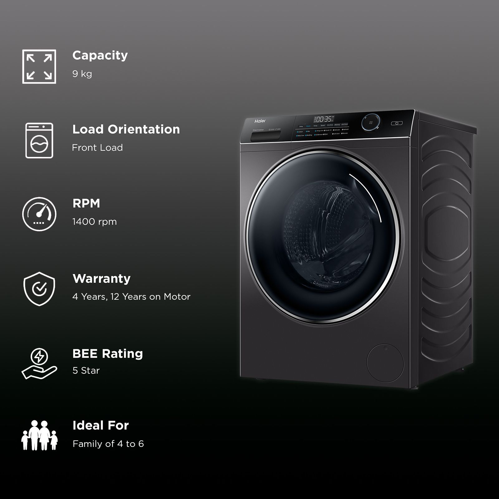 Haier 9 kg Fully Automatic Front Load Washing Machine (HW90-DM14959CS8U1, Direct Motion Motor, Dark Jade Silver)_2