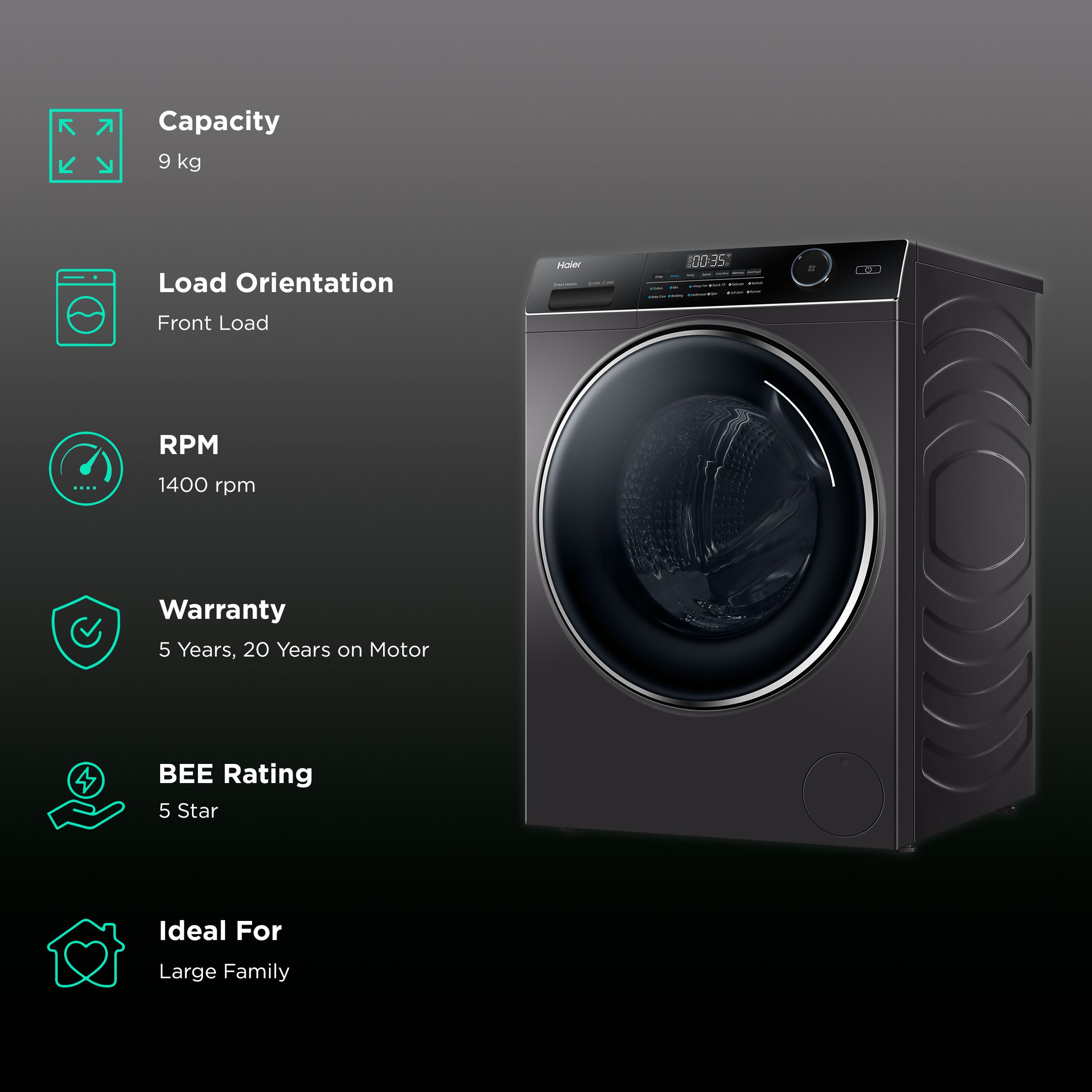 Haier 9 kg Fully Automatic Front Load Washing Machine (HW90-DM14959CS8U1, Direct Motion Motor, Dark Jade Silver)_2