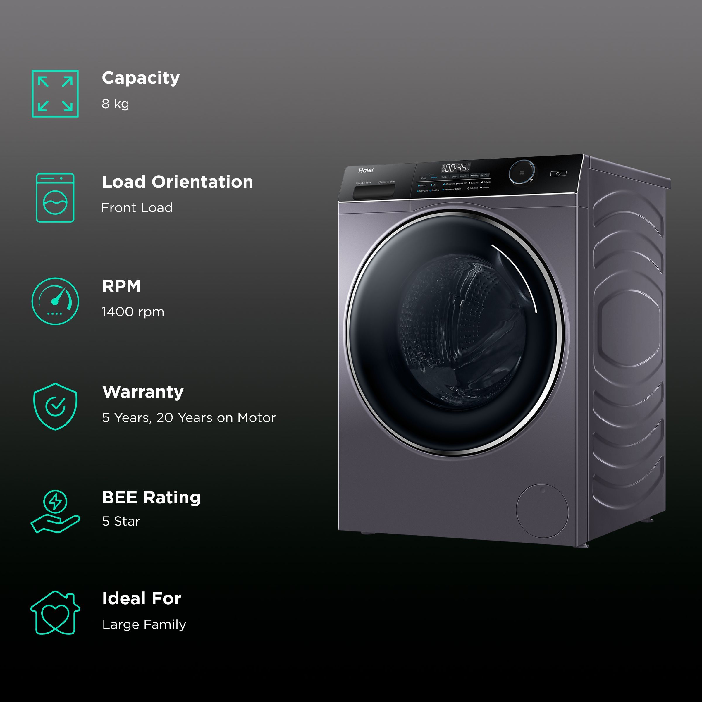 Haier 8 kg Fully Automatic Front Load Washing Machine (HW80-DM14959CS6U1, Direct Motion Motor, Starry Silver)_2