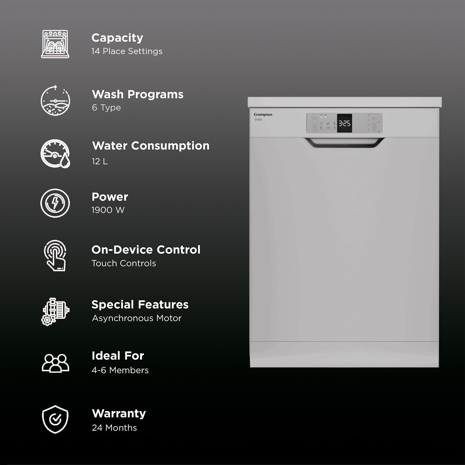 Crompton Voila 12 Place Settings Free Standing Dishwasher with Super Active Drying System (Dark Silver)_3