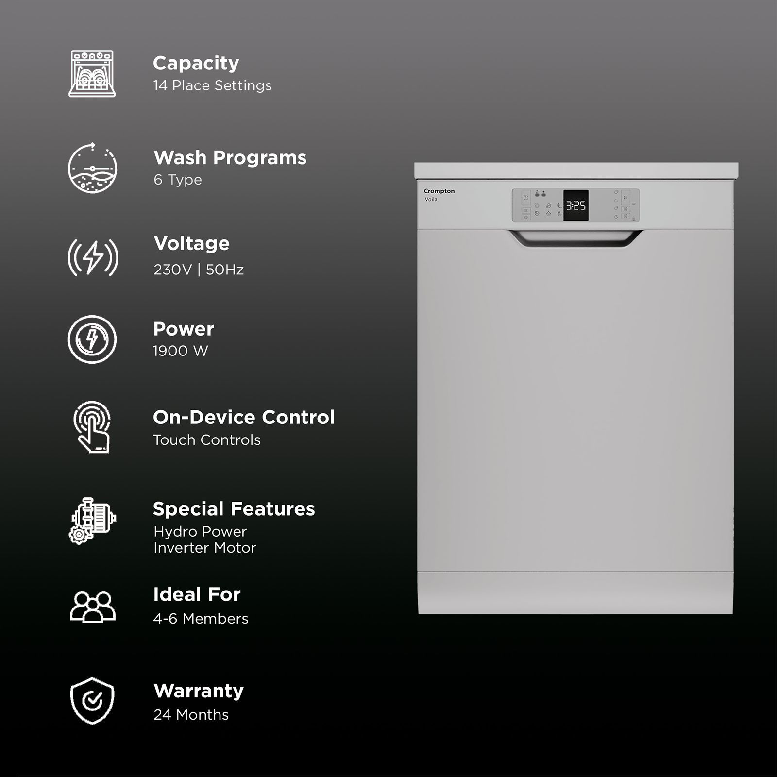 Crompton Voila 14 Place Settings Free Standing Dishwasher with Steam Wash (Dark Silver)_3