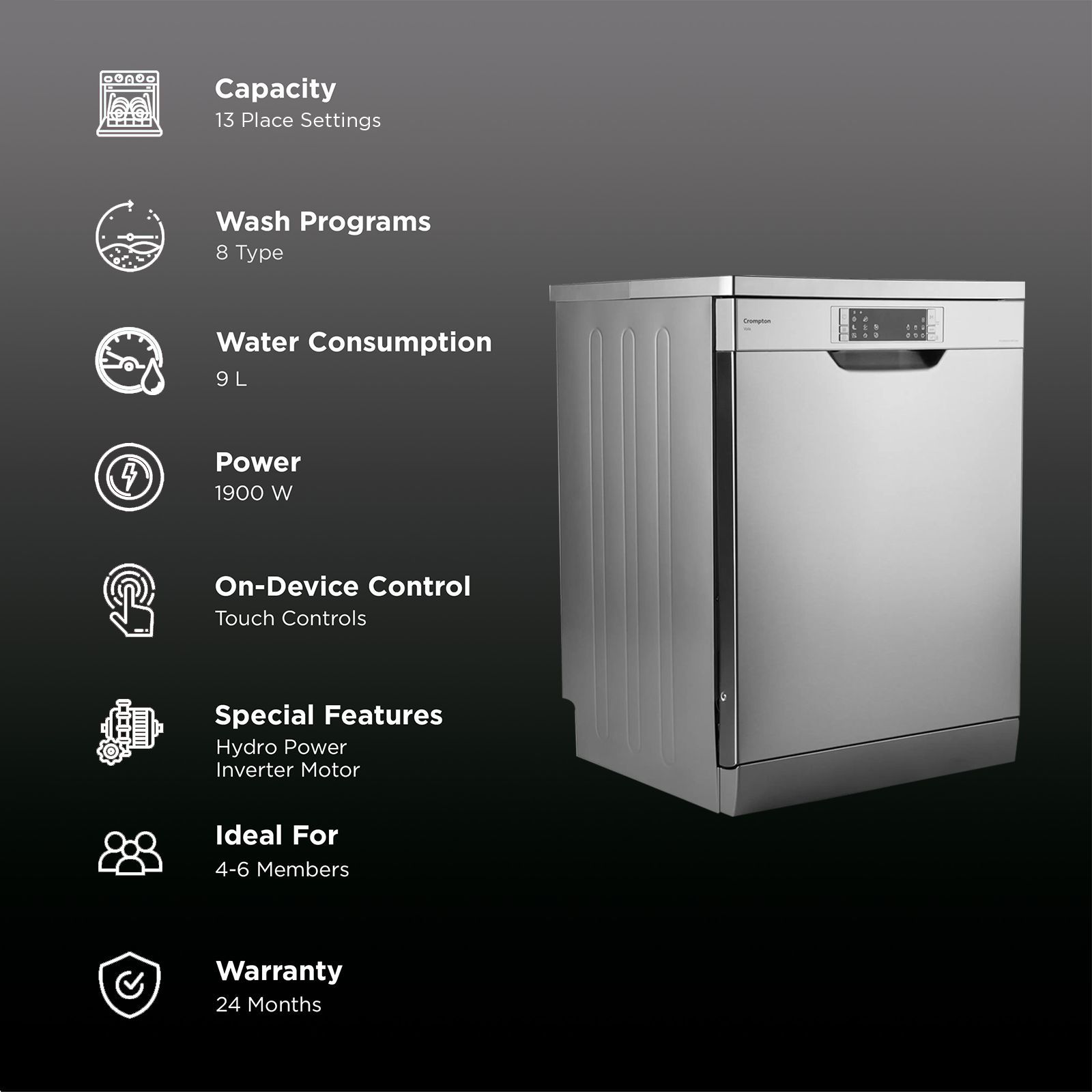 Crompton Voila 13 Place Settings Free Standing Dishwasher with Direct Triple Wash Technology (Silver Inox)_3
