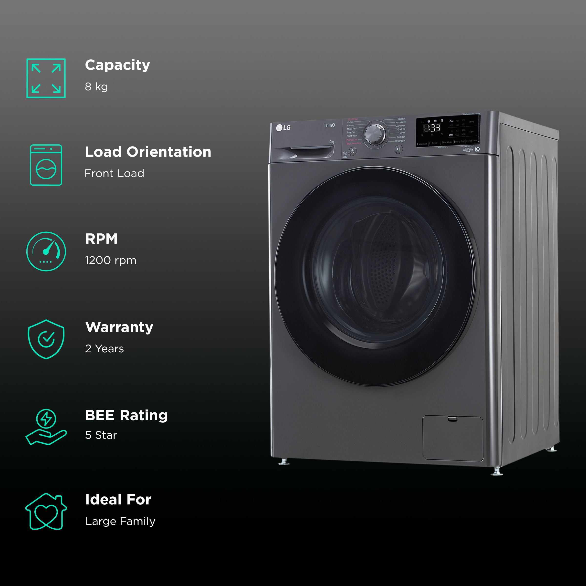LG 8 Kg 5 Star Inverter Fully Automatic Front Load Washing Machine (FHP1208A5M.AMBQEIL, In-built Heater, Middle Black)_2