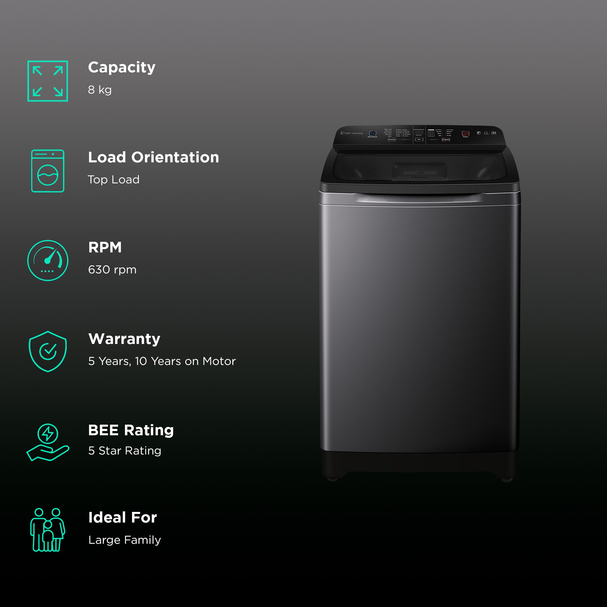 Haier 8 Kg 5 Star Fully Automatic Top Load Washing Machine (HSW80-678ES8NOIDA, Energy Saving, Dark Jade Silver)_2