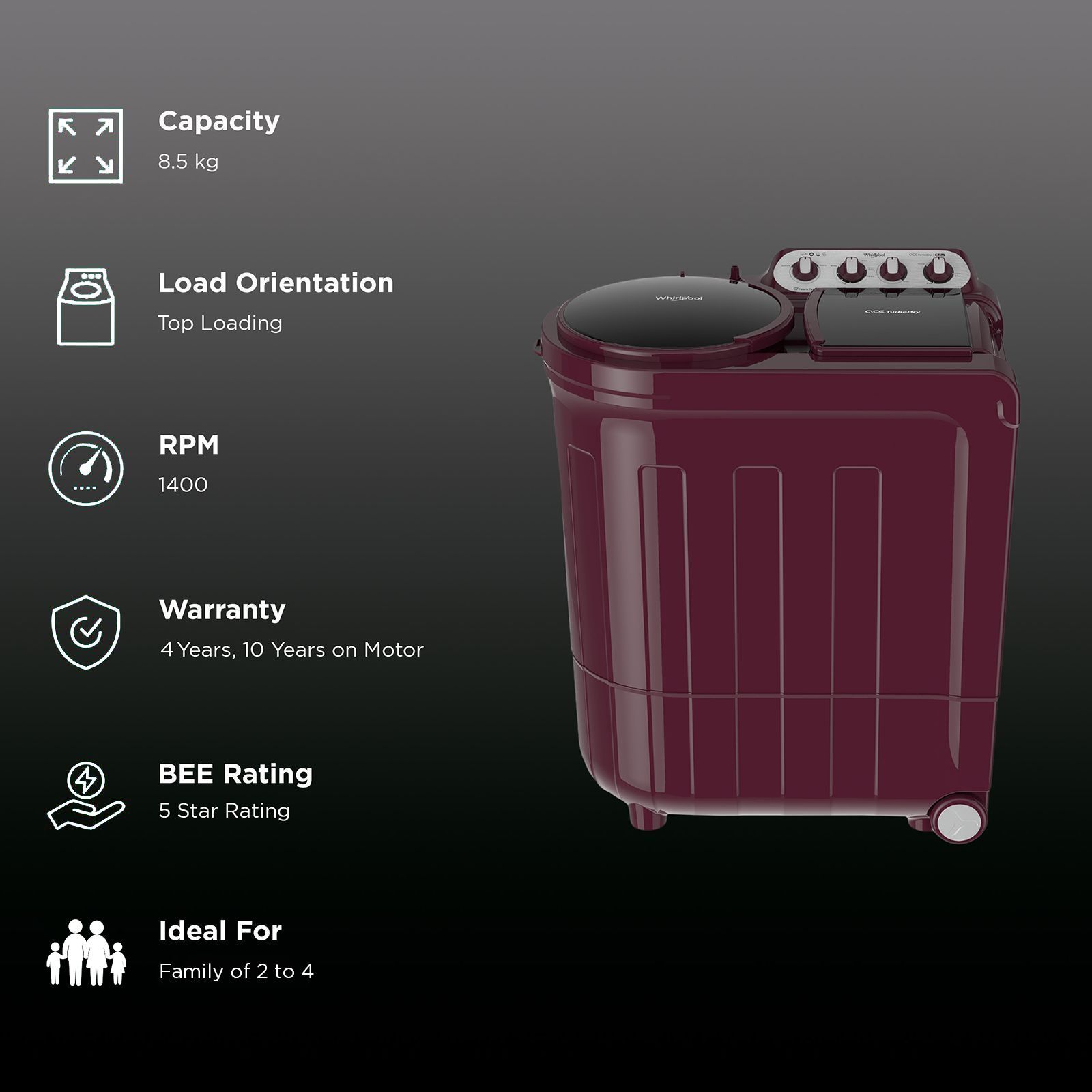 Whirlpool 8.5 kg 5 Star Semi Automatic Washing Machine with Soak Technology (Ace Turbo Dry, 30309, Wine Dazzle)_2