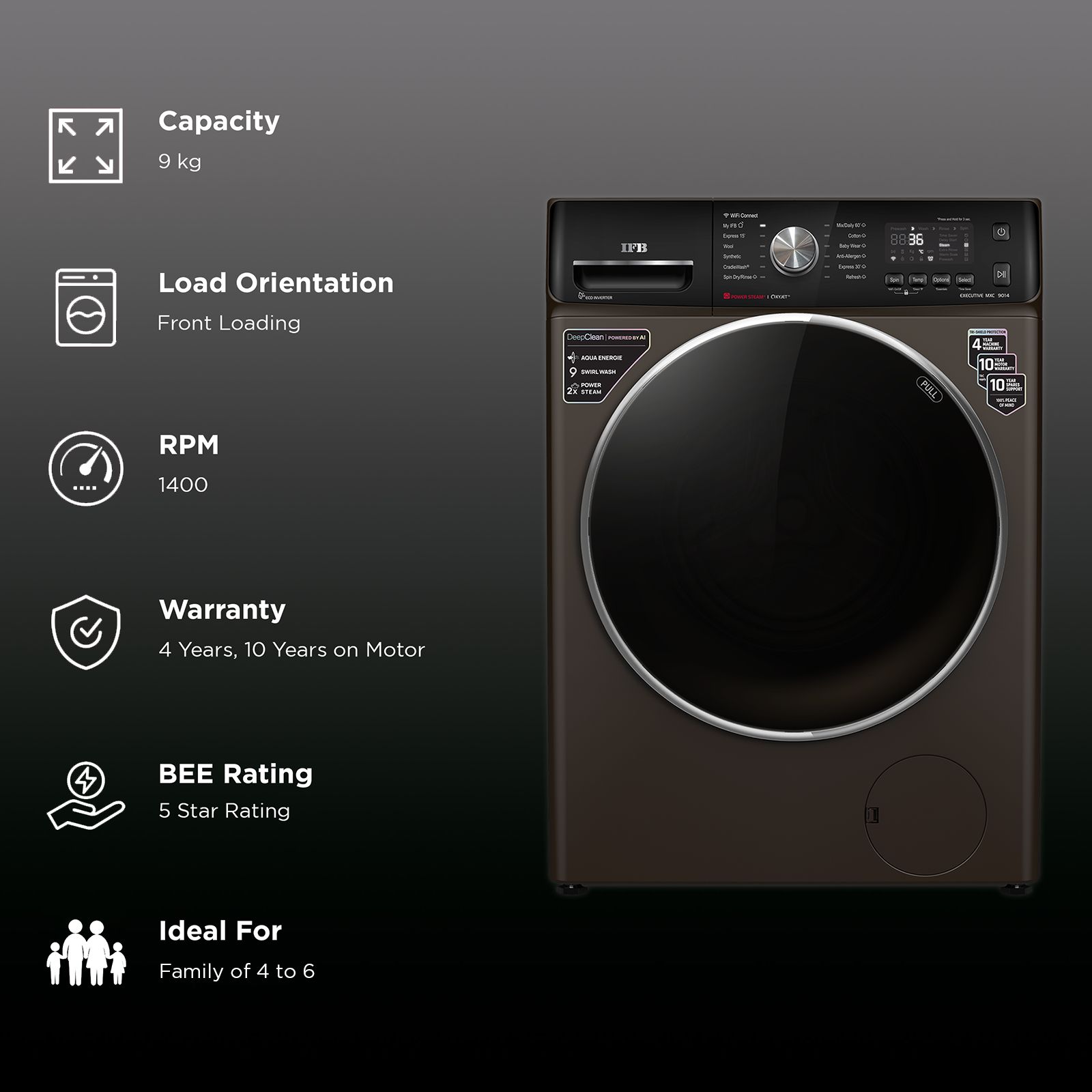 IFB 9 kg 5 Star Inverter Fully Automatic Front Load Washing Machine (Executive MXC, Voice Enabled, Mocha)_2