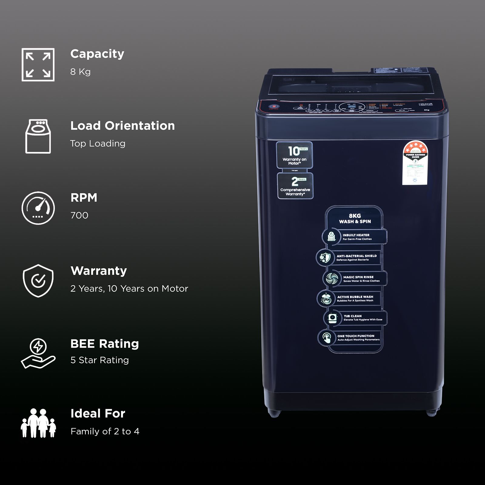 Croma 8 kg 5 Star Fully Automatic Top Load Washing Machine ( In-built Heater, Pure Black)_2
