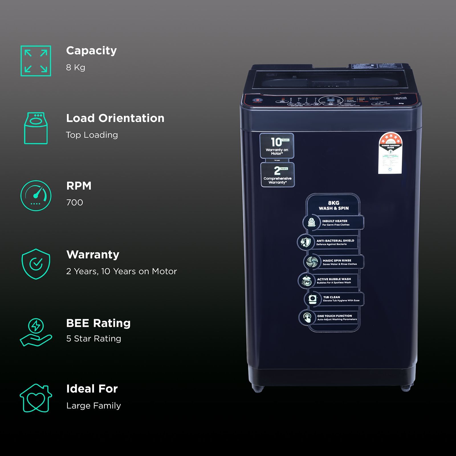 Croma 8 kg 5 Star Fully Automatic Top Load Washing Machine ( In-built Heater, Pure Black) Croma 8 kg 5 Star Fully Automatic Top Load Washing Machine ( In-built Heater, Pure Black)_2