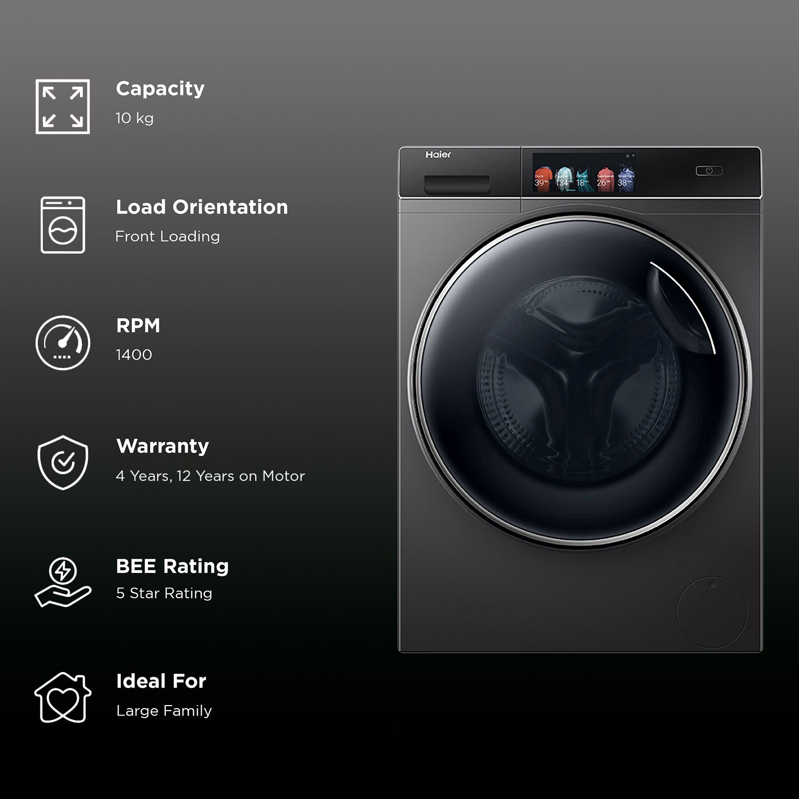 Haier 10 kg 5 Star Fully Automatic Front Load Washing Machine (HW100-BDV14979S8U1, Direct Motion Motor, Dark Jade Silver)_2