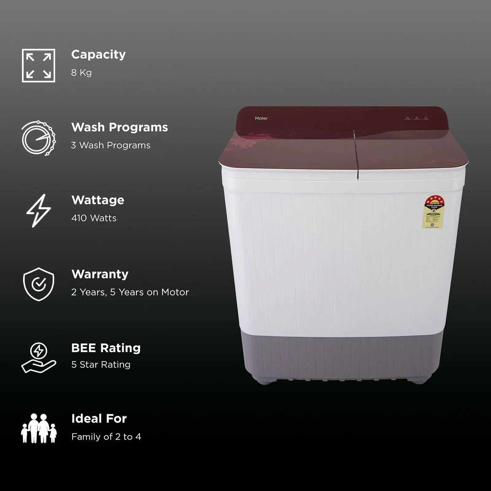 Haier 8 kg 5 Star Semi Automatic Washing Machine with Anti Bacterial Vortex Pulsator (178, HTW80-178, Burgundy with Flower)_2