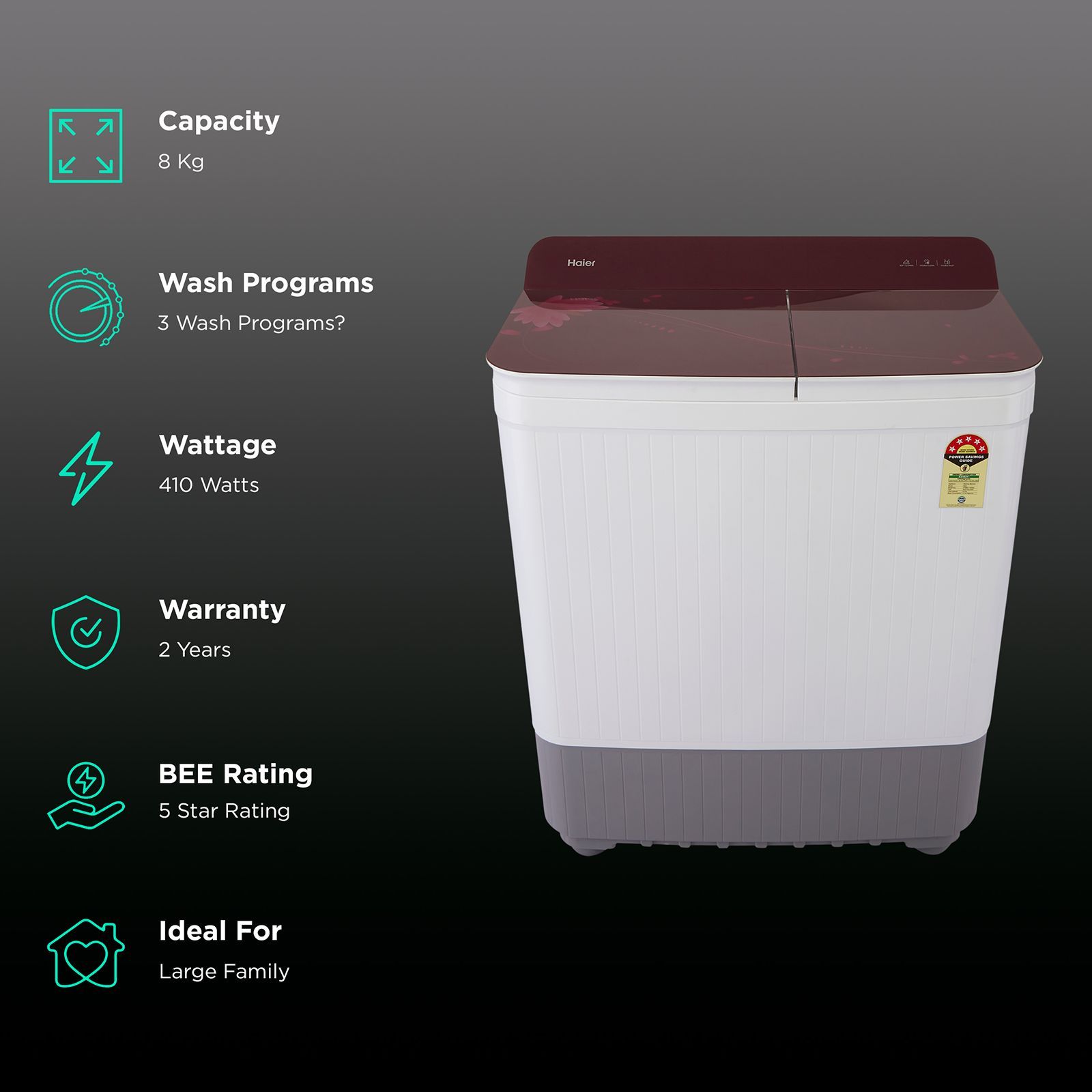 Haier 8 kg 5 Star Semi Automatic Washing Machine with Anti Bacterial Vortex Pulsator (178, HTW80-178, Burgundy with Flower)_2