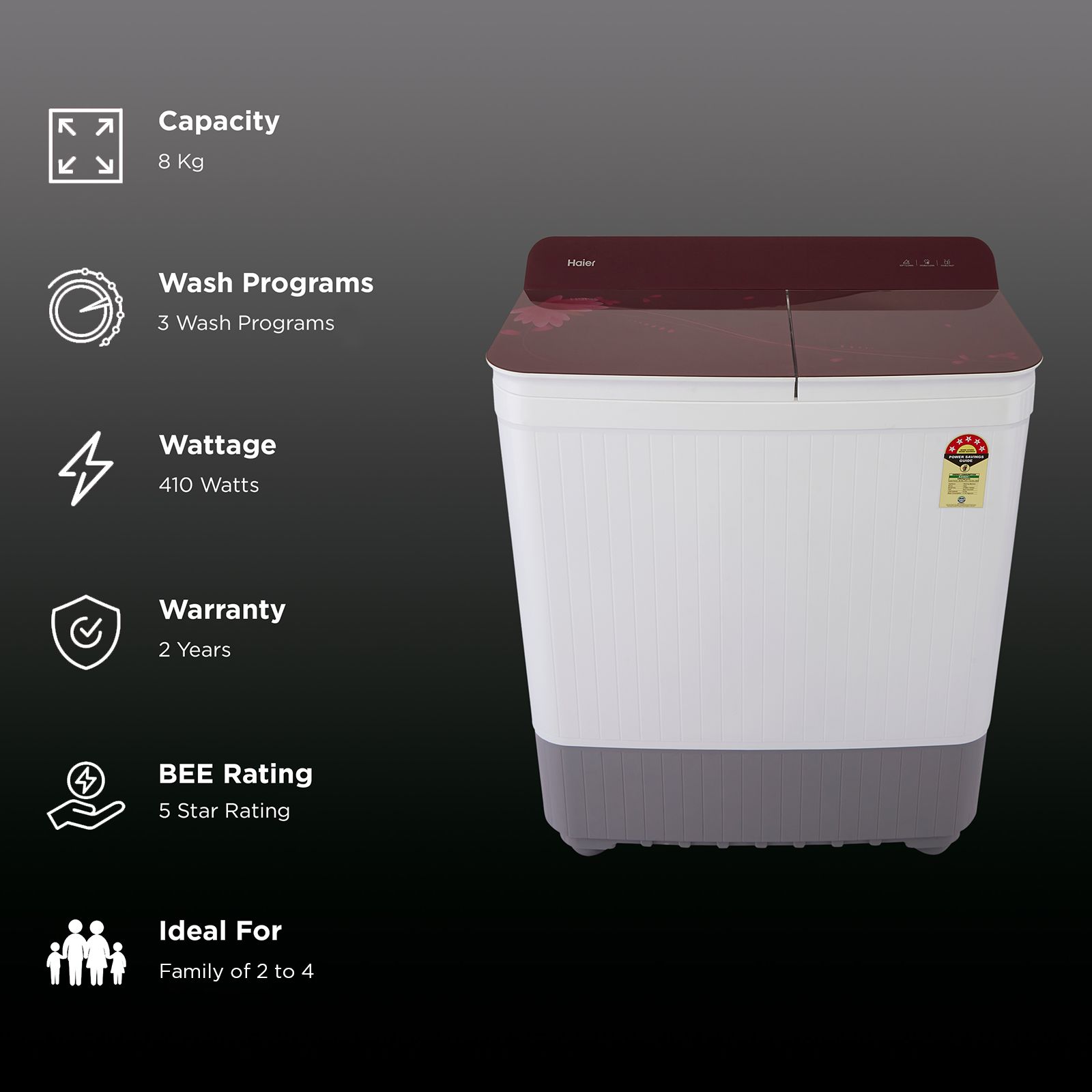 Haier 8 kg 5 Star Semi Automatic Washing Machine with Anti Bacterial Vortex Pulsator (178, HTW80-178, Burgundy with Flower)_2