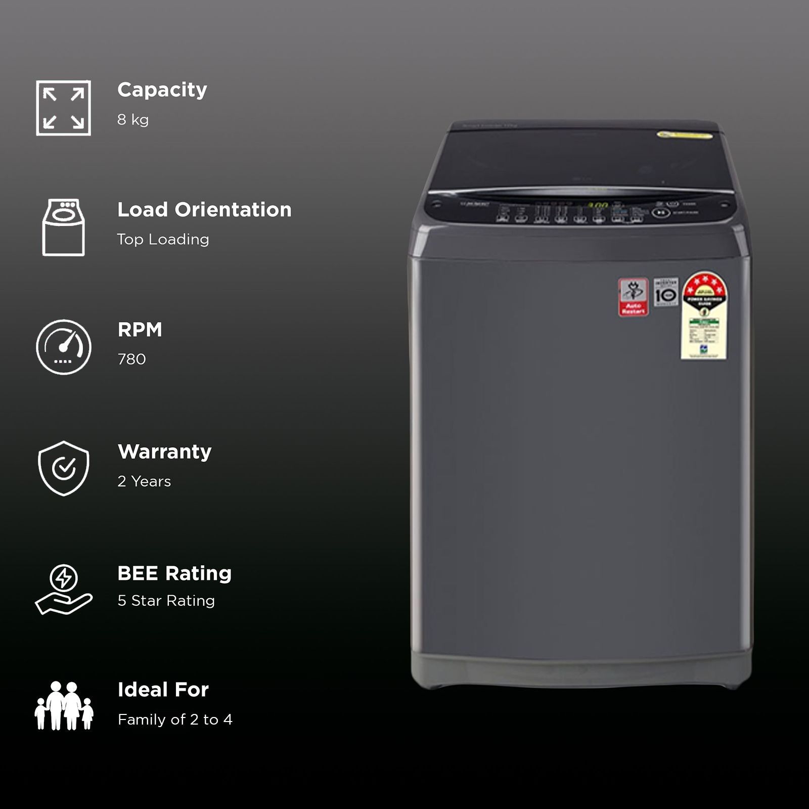 LG 8 kg 5 Star Inverter Fully Automatic Top Load Washing Machine (T80AJMB1Z.ABMQEIL, Stainless Steel Tub, Middle Black)_2