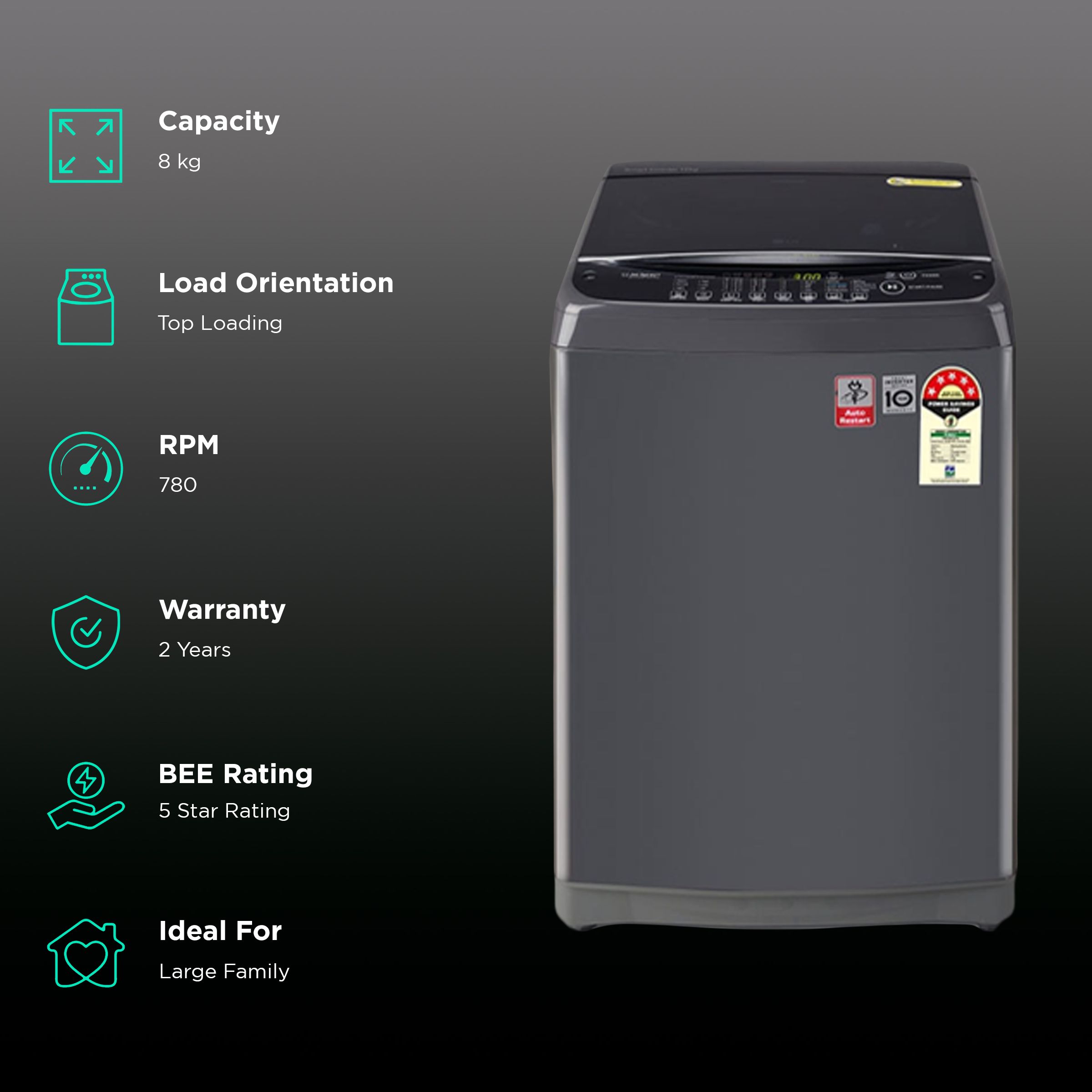 LG 8 kg 5 Star Inverter Fully Automatic Top Load Washing Machine (T80AJMB1Z.ABMQEIL, Stainless Steel Tub, Middle Black)_2