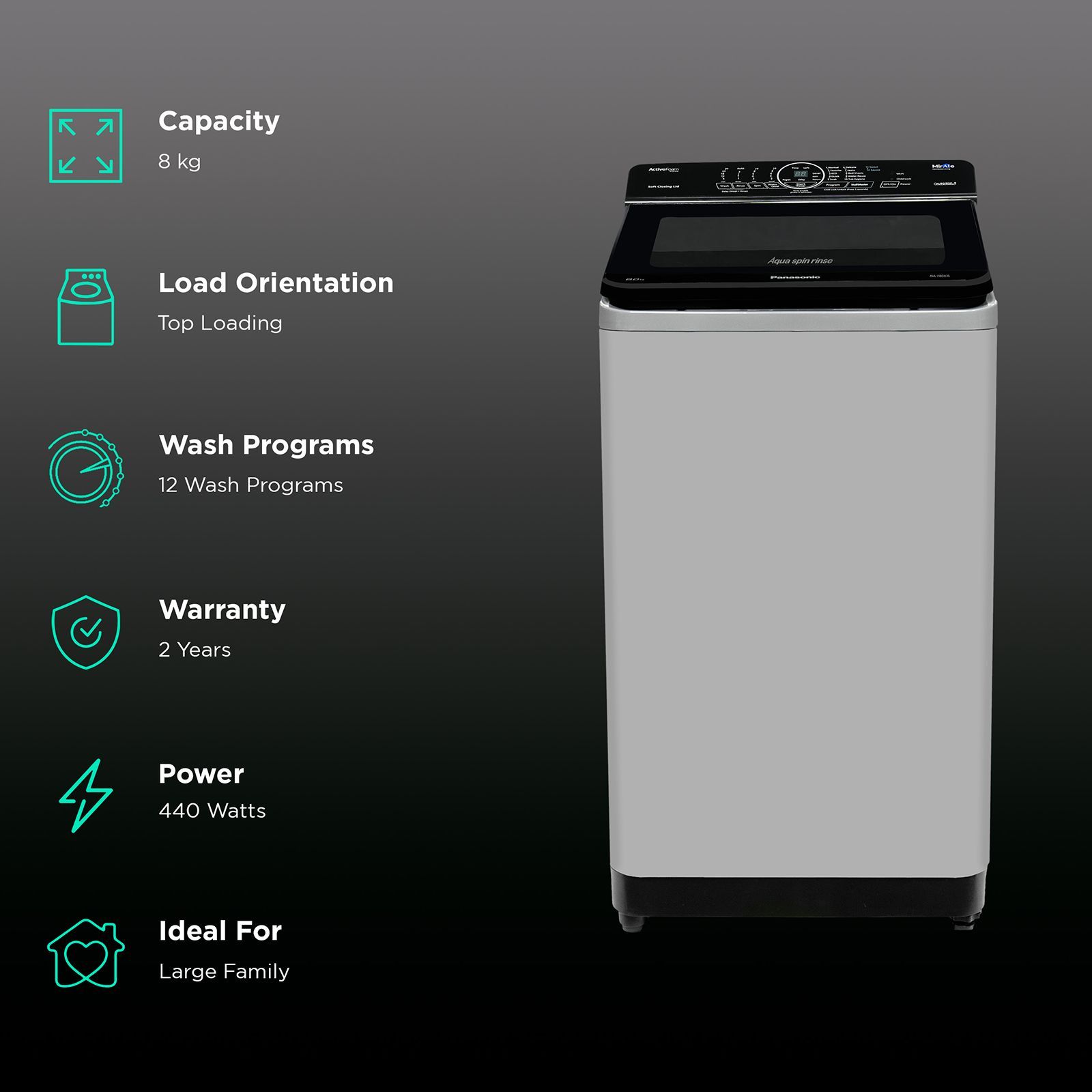 Panasonic 8 kg Fully Automatic Top Load Washing Machine (X10, NA-F80X10CRB, 12 Wash Programmes, Charcoal Inox Grey)_2