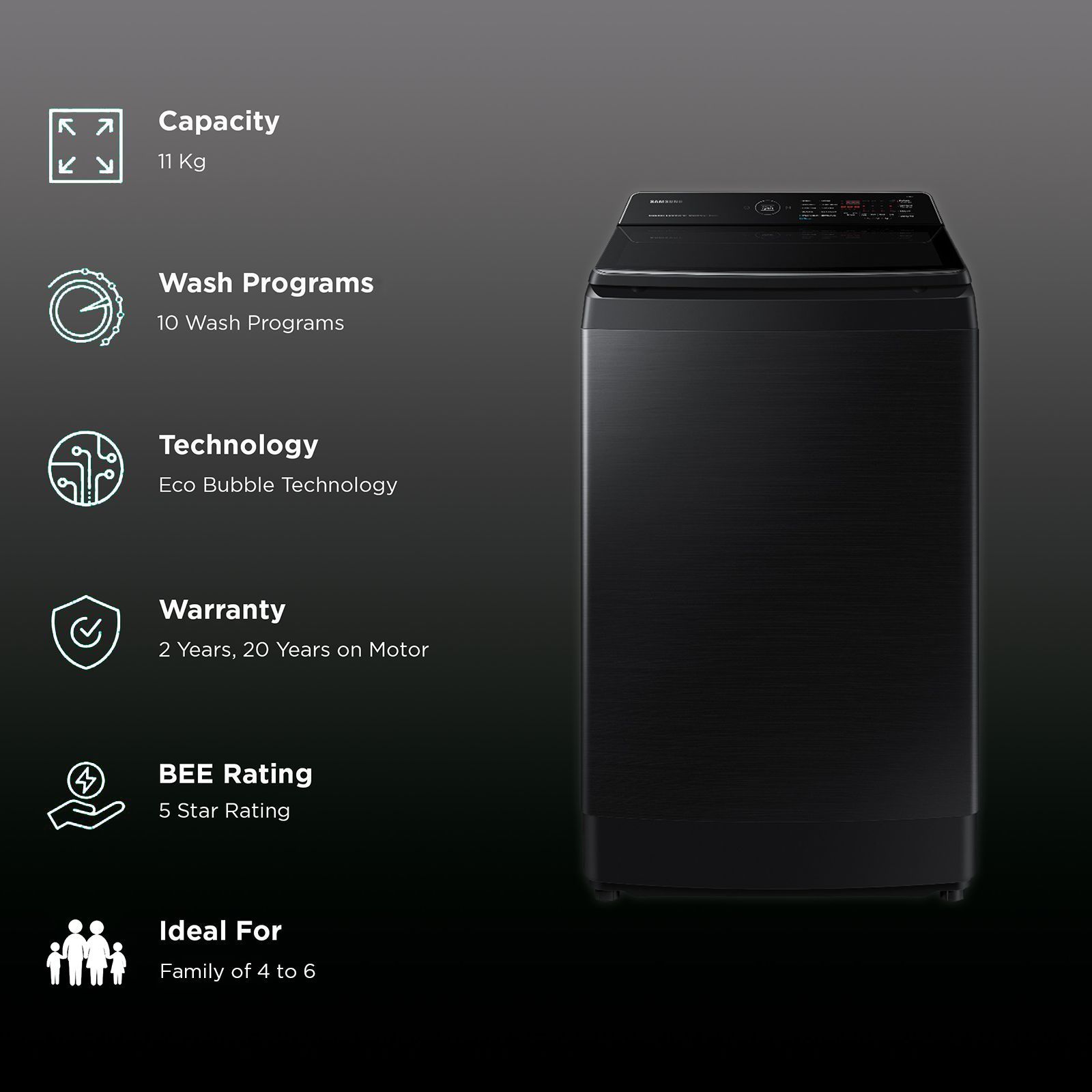 SAMSUNG 11 kg 5 Star Inverter Fully Automatic Top Load Washing Machine (WA11CG5886BVTL, Diamond Drum, Black Caviar)_2