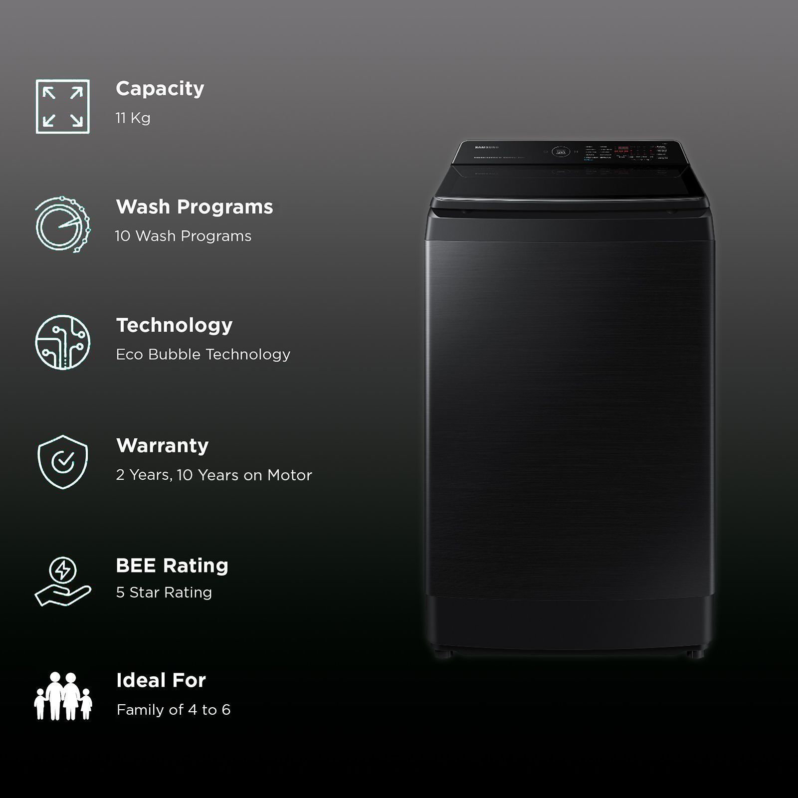 SAMSUNG 11 kg 5 Star Inverter Fully Automatic Top Load Washing Machine (WA11CG5886BVTL, Diamond Drum, Black Caviar)_2