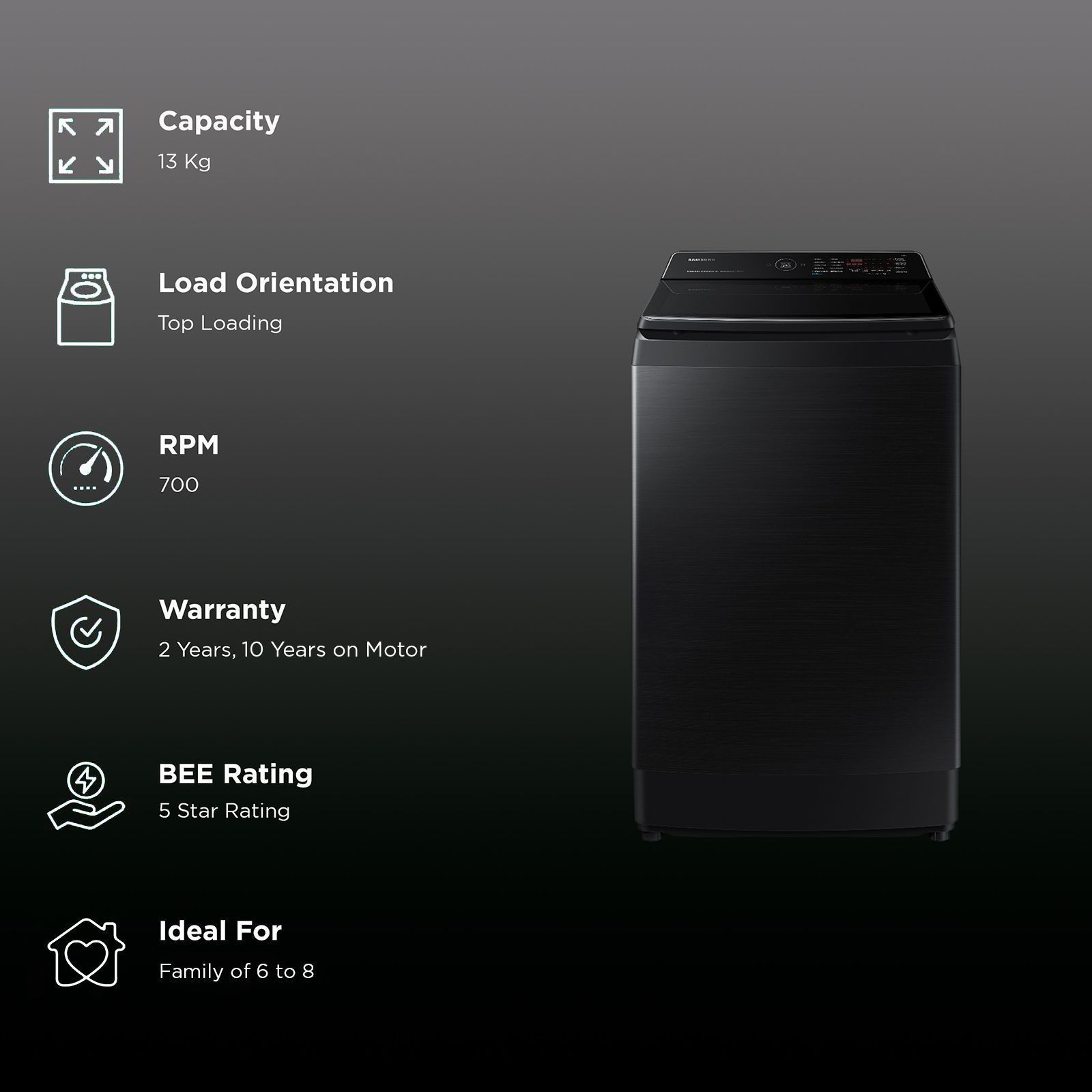 SAMSUNG 13 kg 5 Star Inverter Fully Automatic Top Load Washing Machine (WA13CG5886BVTL, Diamond Drum, Black Caviar)_2