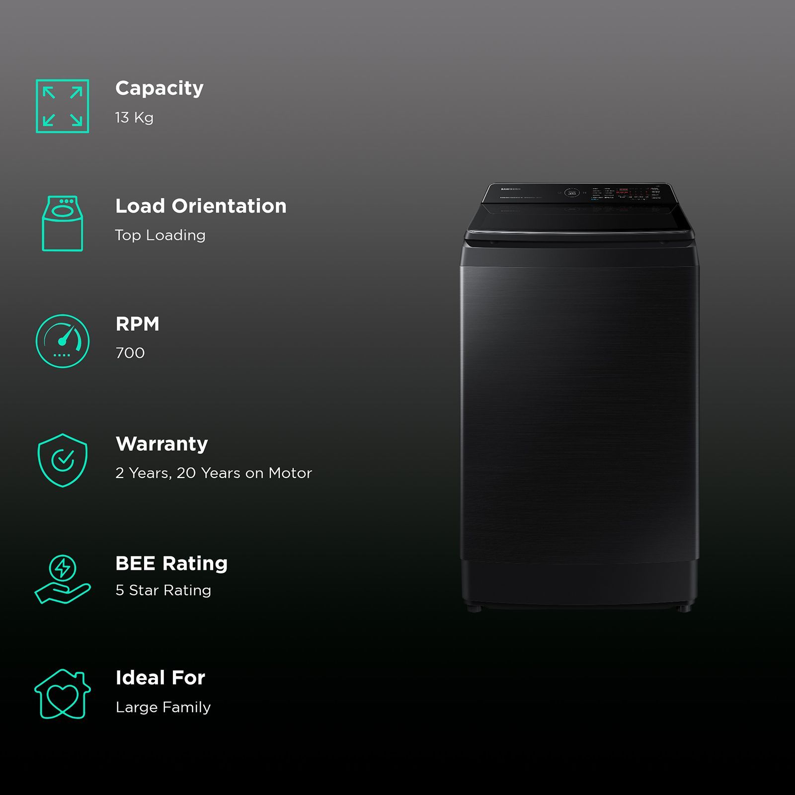 SAMSUNG 13 kg 5 Star Inverter Fully Automatic Top Load Washing Machine (WA13CG5886BVTL, Diamond Drum, Black Caviar)_2