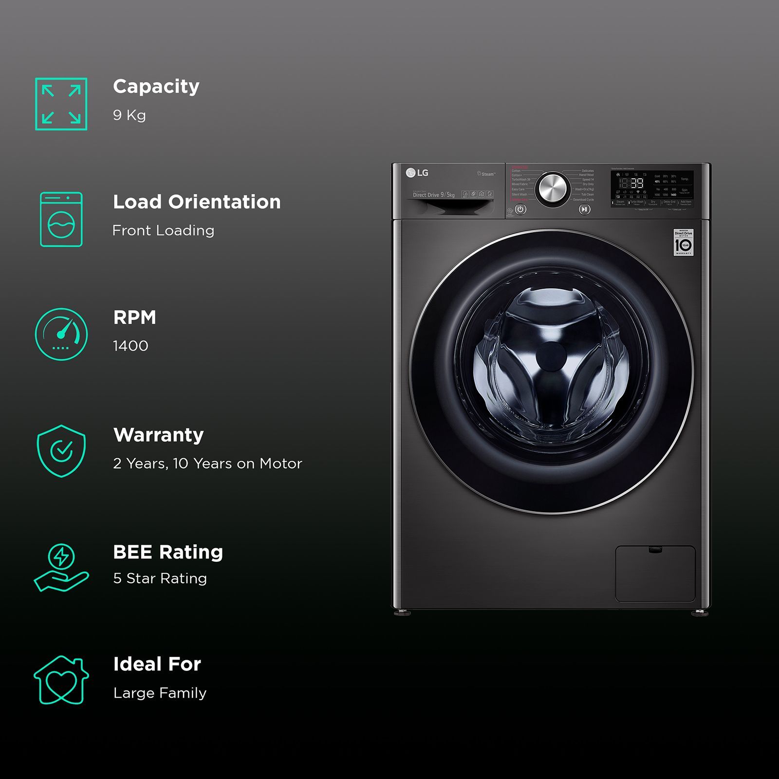 LG 9/5 kg 5 Star Fully Automatic Front Load Washer Dryer(FHD0905STB.ABLQEIL, In-built Heater, Black) LG 9/5 kg 5 Star Fully Automatic Front Load Washer Dryer(FHD0905STB.ABLQEIL, In-built Heater, Black)_2