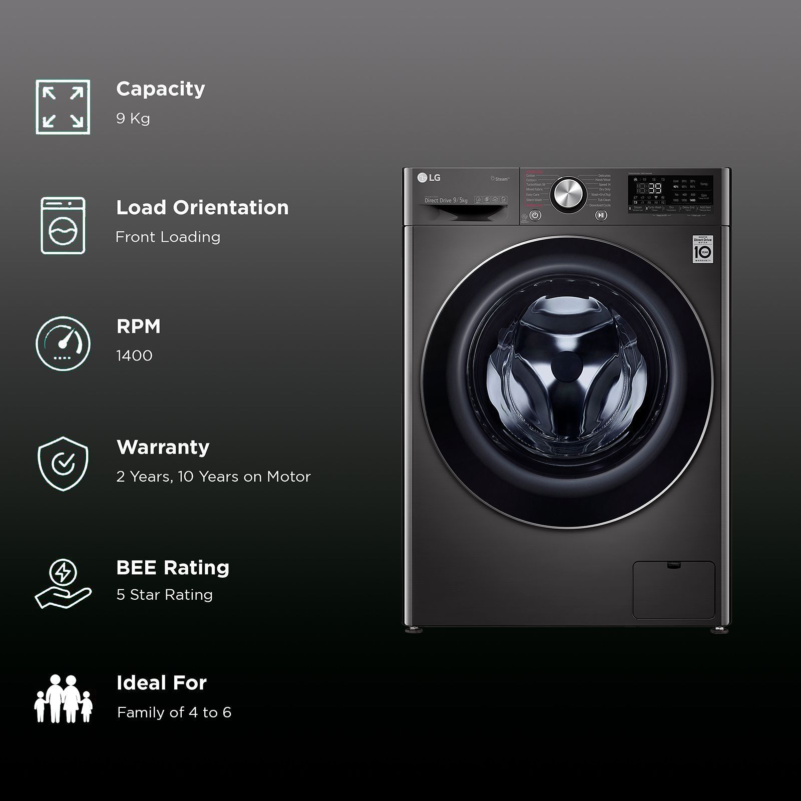 LG 9/5 kg 5 Star Fully Automatic Front Load Washer Dryer(FHD0905STB.ABLQEIL, In-built Heater, Black)_2