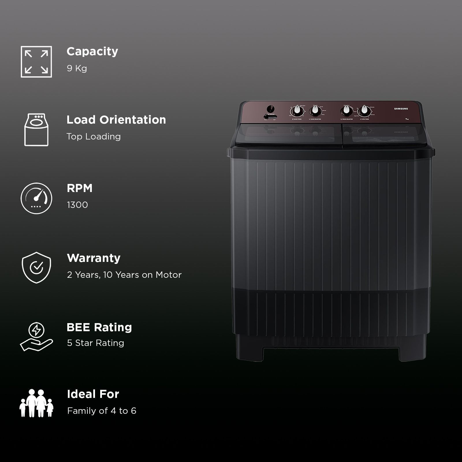 SAMSUNG 9 kg 5 Star Semi Automatic Washing Machine with Hexa Storm Pulsator (WT90B3560RB/TL, Dark Gray)_3