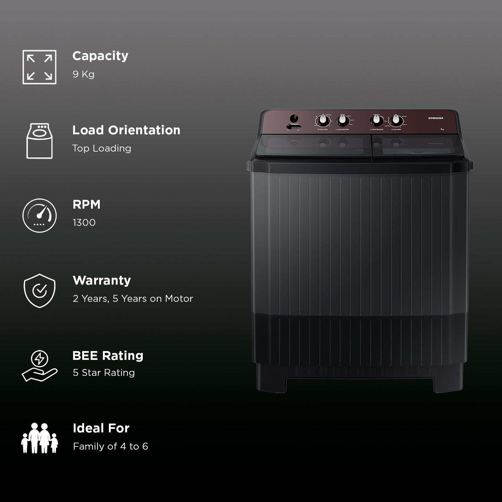 SAMSUNG 9 kg 5 Star Semi Automatic Washing Machine with Hexa Storm Pulsator (WT90B3560RB/TL, Dark Gray)_3