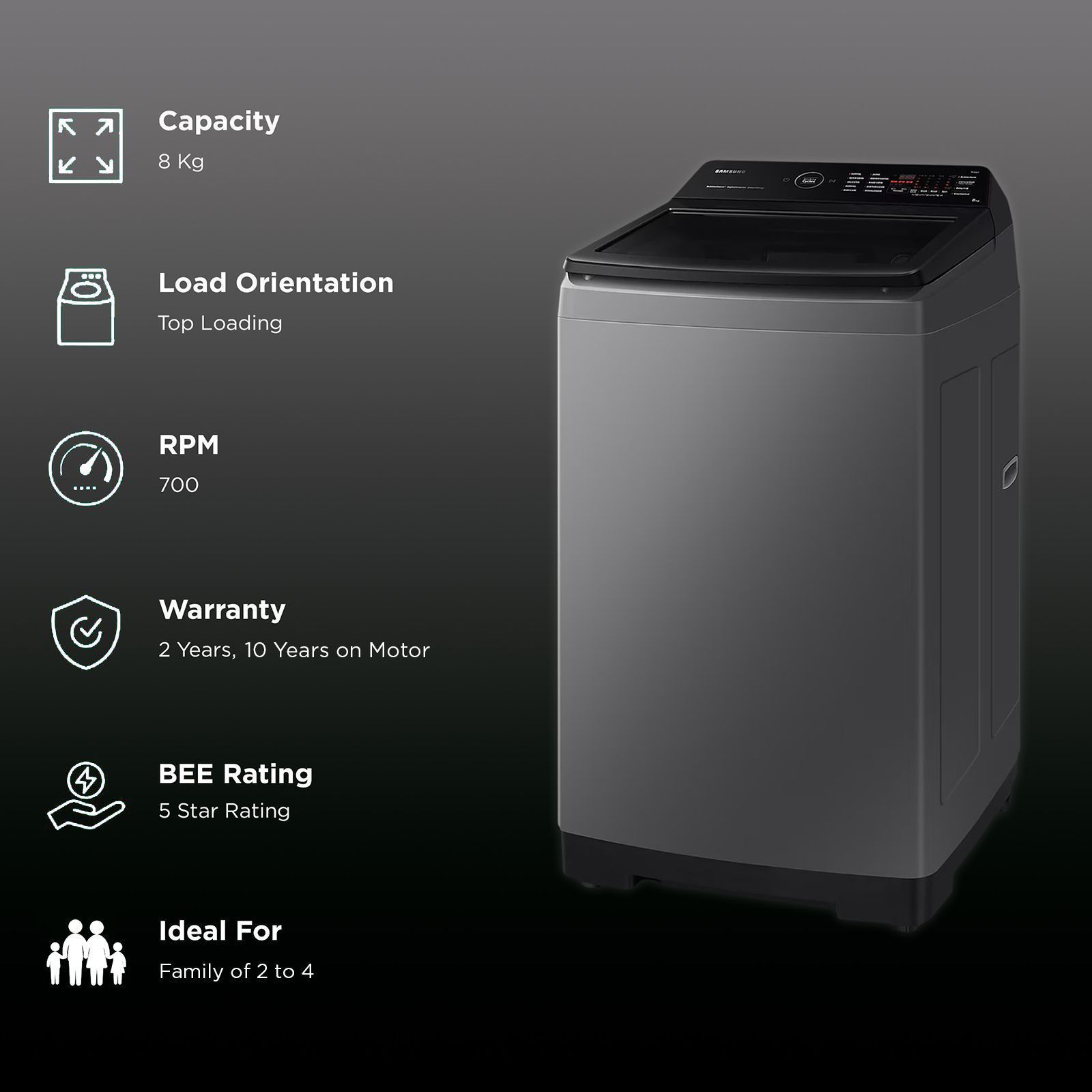 SAMSUNG 8 kg 5 Star Inverter Fully Automatic Top Load Washing Machine (WA80BG4542BDTL, Diamond Drum, Dark Gray)_2