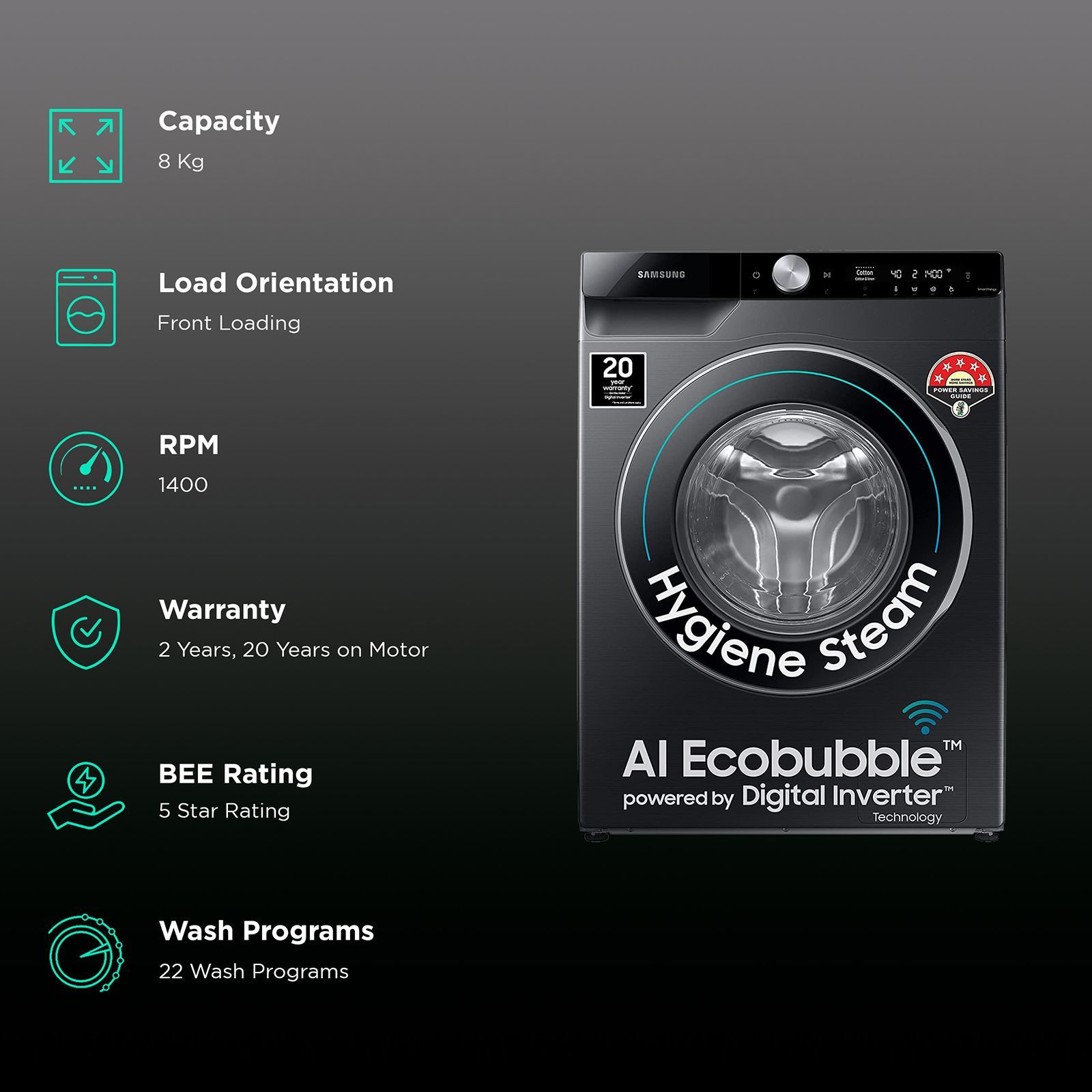 SAMSUNG 8 kg 5 Star Inverter Fully Automatic Front Load Washing Machine (WW80T604DLB1TL, Built-in Heater, Black Caviar)_2