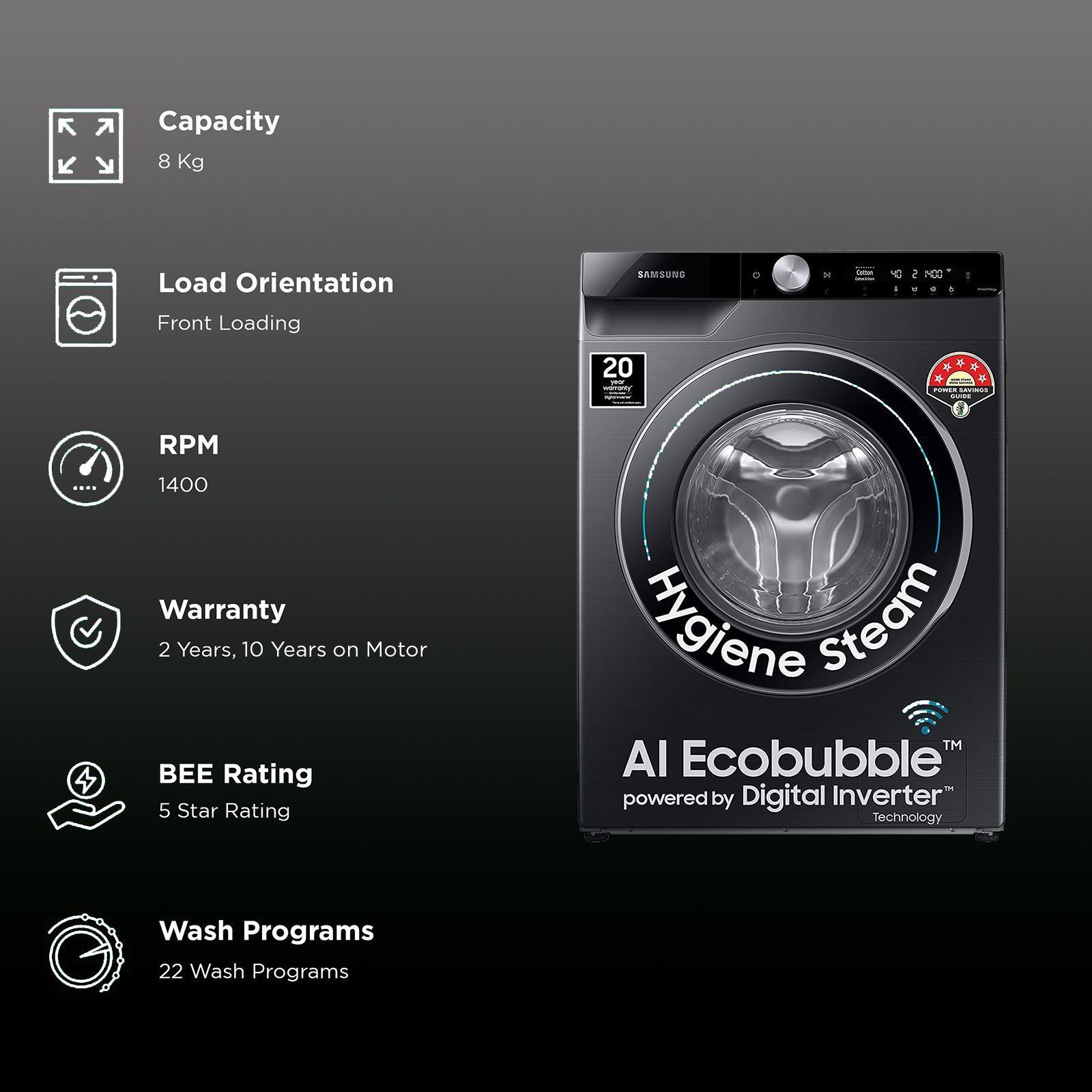 SAMSUNG 8 kg 5 Star Inverter Fully Automatic Front Load Washing Machine (WW80T604DLB1TL, Built-in Heater, Black Caviar)_2