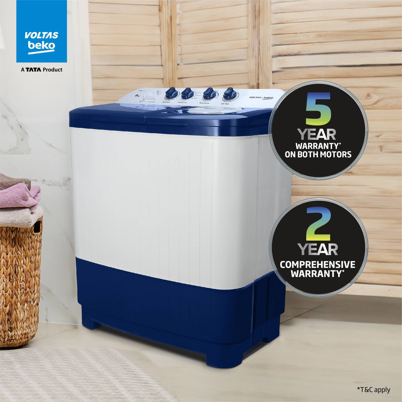 VOLTAS beko 8 kg Semi Automatic Washing Machine with Water Level Adjuster (WTT80DBLTF, Blue)_15