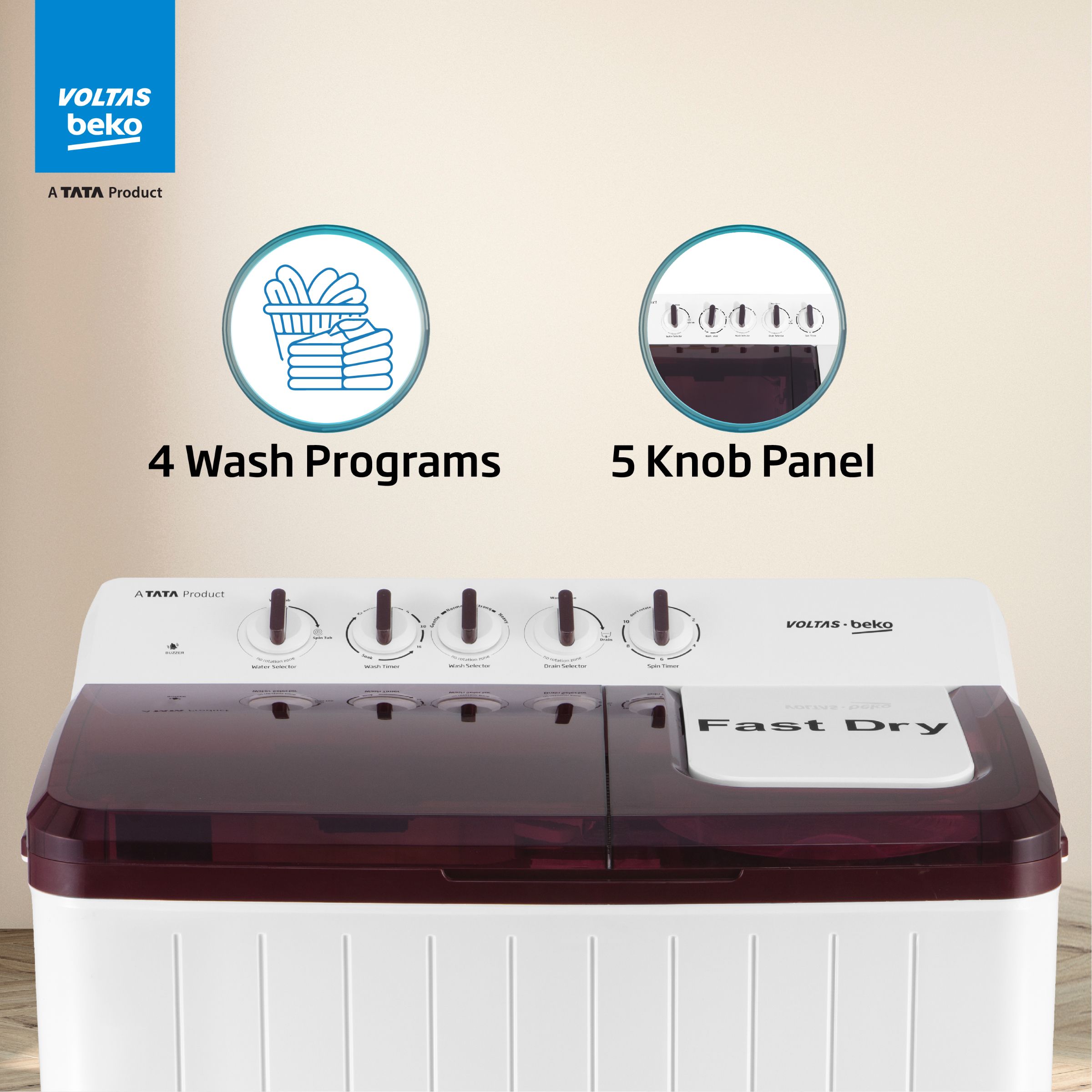 VOLTAS beko 12 kg 5 Star Semi Automatic Washing Machine with Cassette Filter (WTT120UPA/BR5KPTD, Burgundy)_8