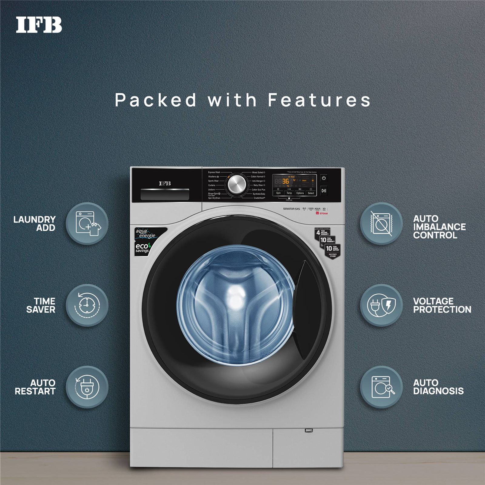 IFB 8 kg 5 Star Fully Automatic Front Load Washing Machine (Senator SXS 8012, In-built Heater, Silver)_5