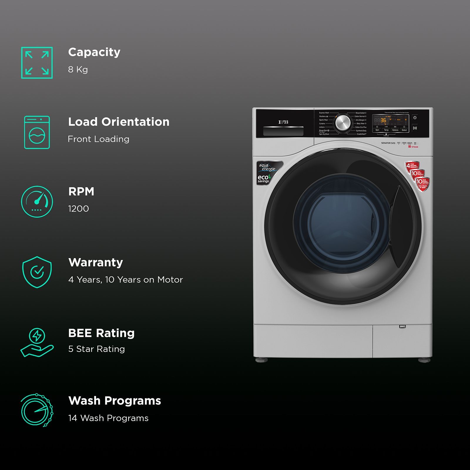 IFB 8 kg 5 Star Fully Automatic Front Load Washing Machine (Senator SXS 8012, In-built Heater, Silver)_2