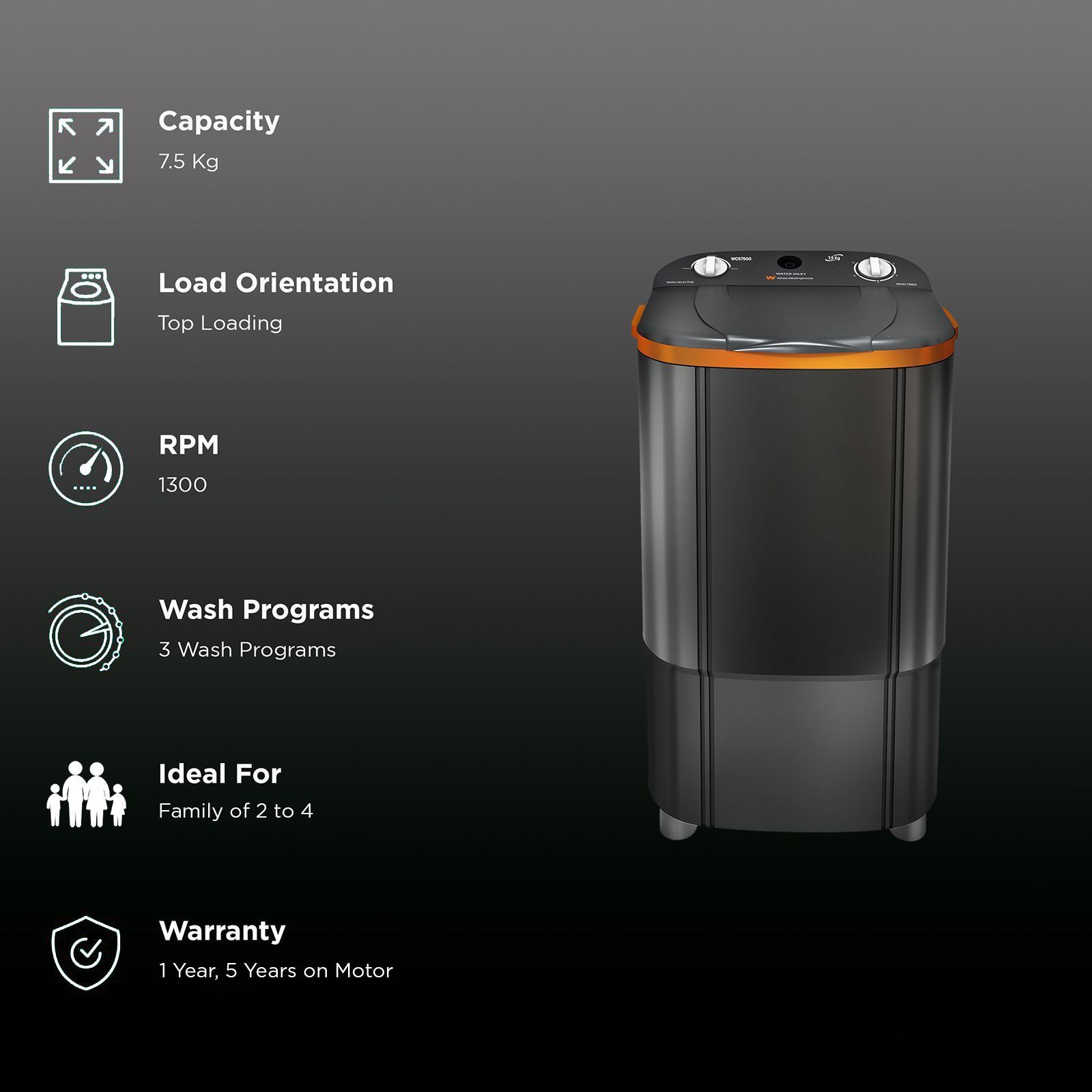 White Westinghouse 7.5 kg Semi Automatic Washer with Pulsator Washing Technique (WCS7500, Grey)_2