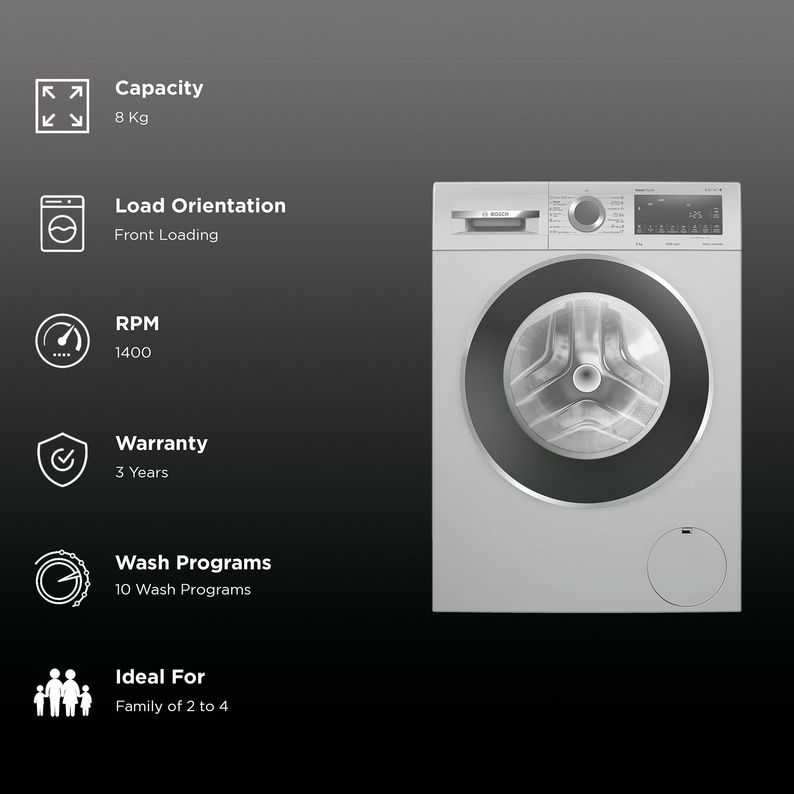 BOSCH 8 kg Fully Automatic Front Load Washing Machine (Series 6, WGA2341SIN, Auto Stain Removal, Silver)_2