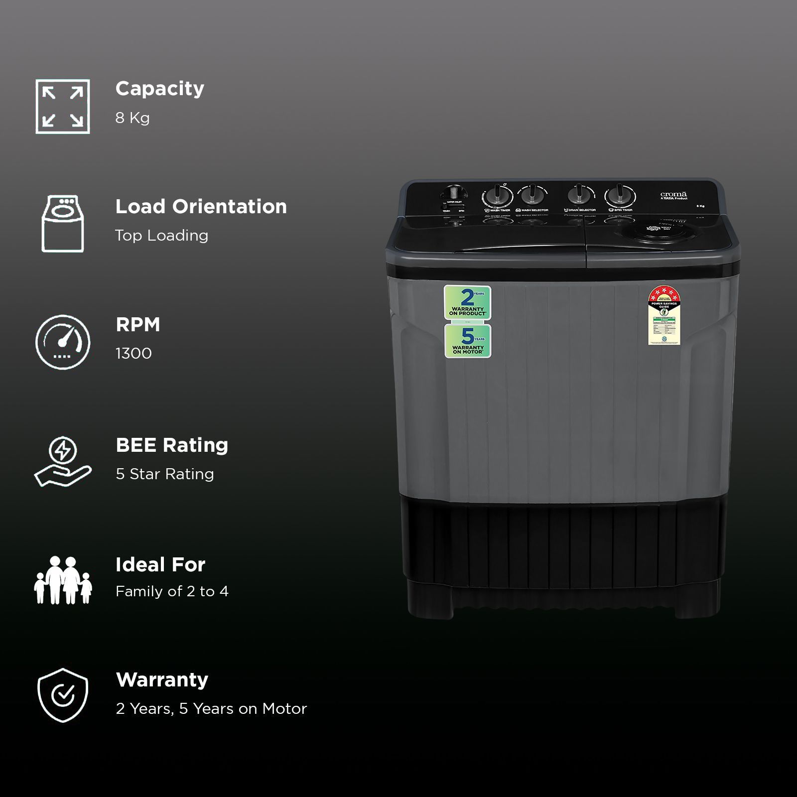 Croma 8 kg 5 Star Semi Automatic Washing Machine with Magic Filter (CRLW080SMF248602, Black)_2