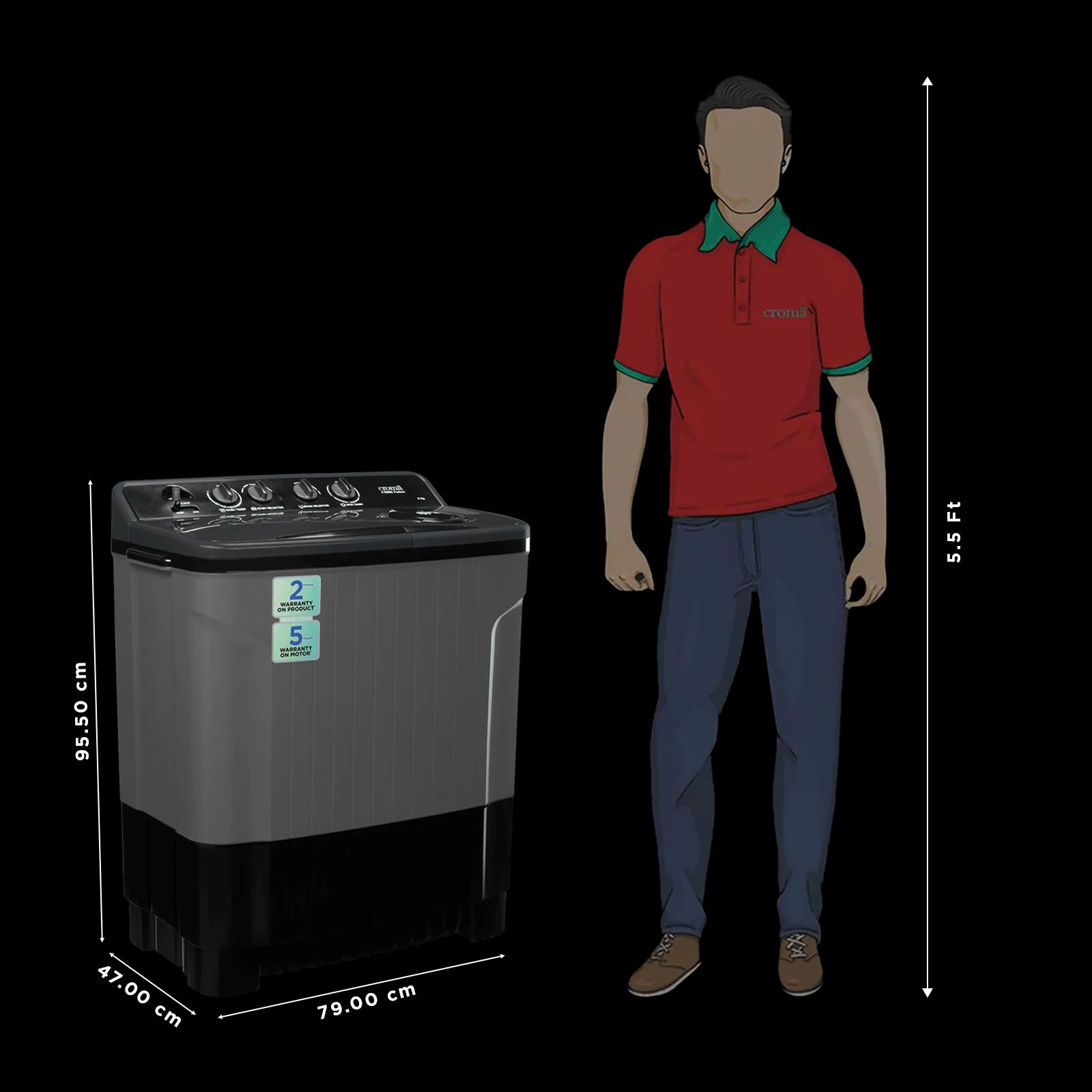 Croma 8 kg 5 Star Semi Automatic Washing Machine with Magic Filter (CRLW080SMF248602, Black)_3