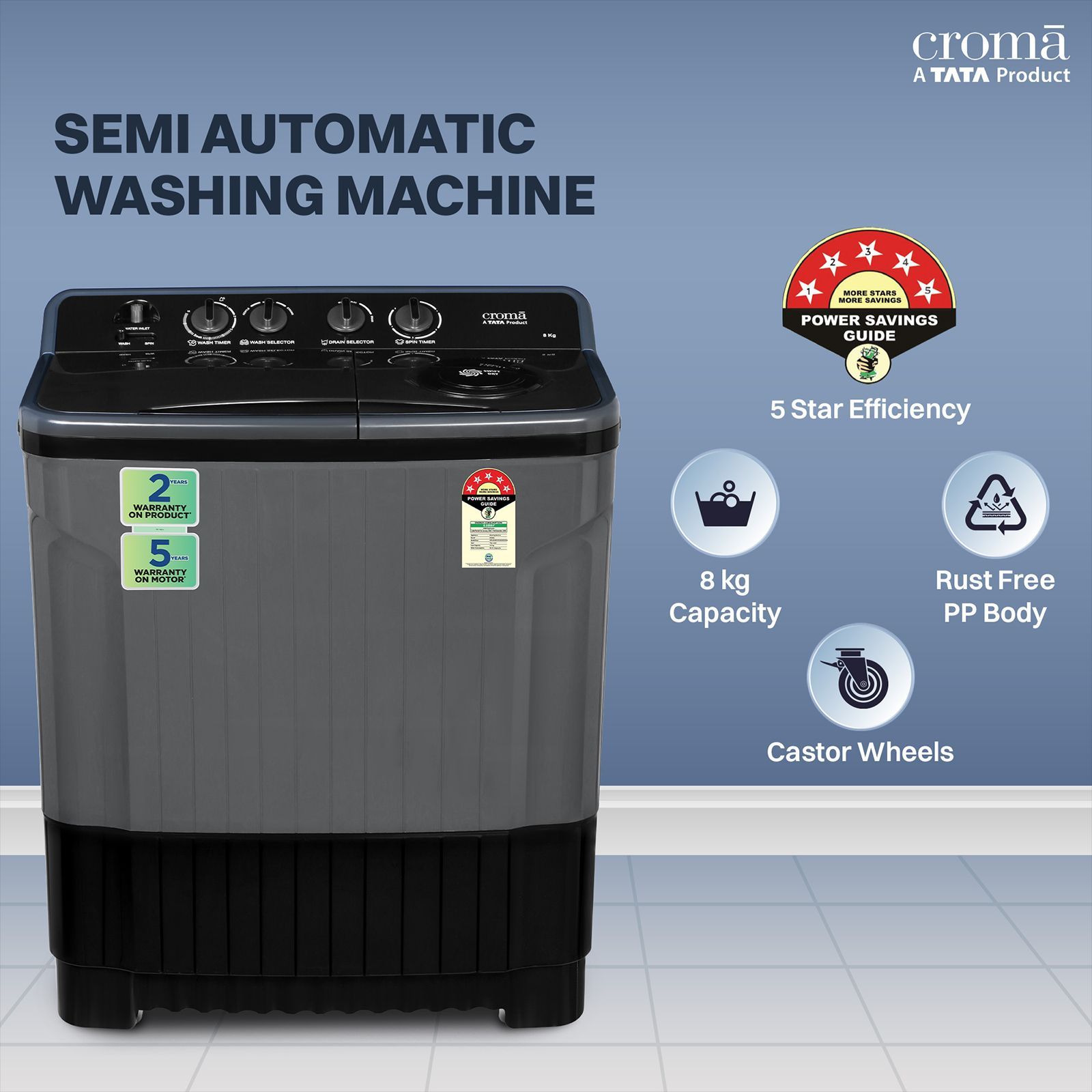 Croma 8 kg 5 Star Semi Automatic Washing Machine with Magic Filter (CRLW080SMF248602, Black)_4