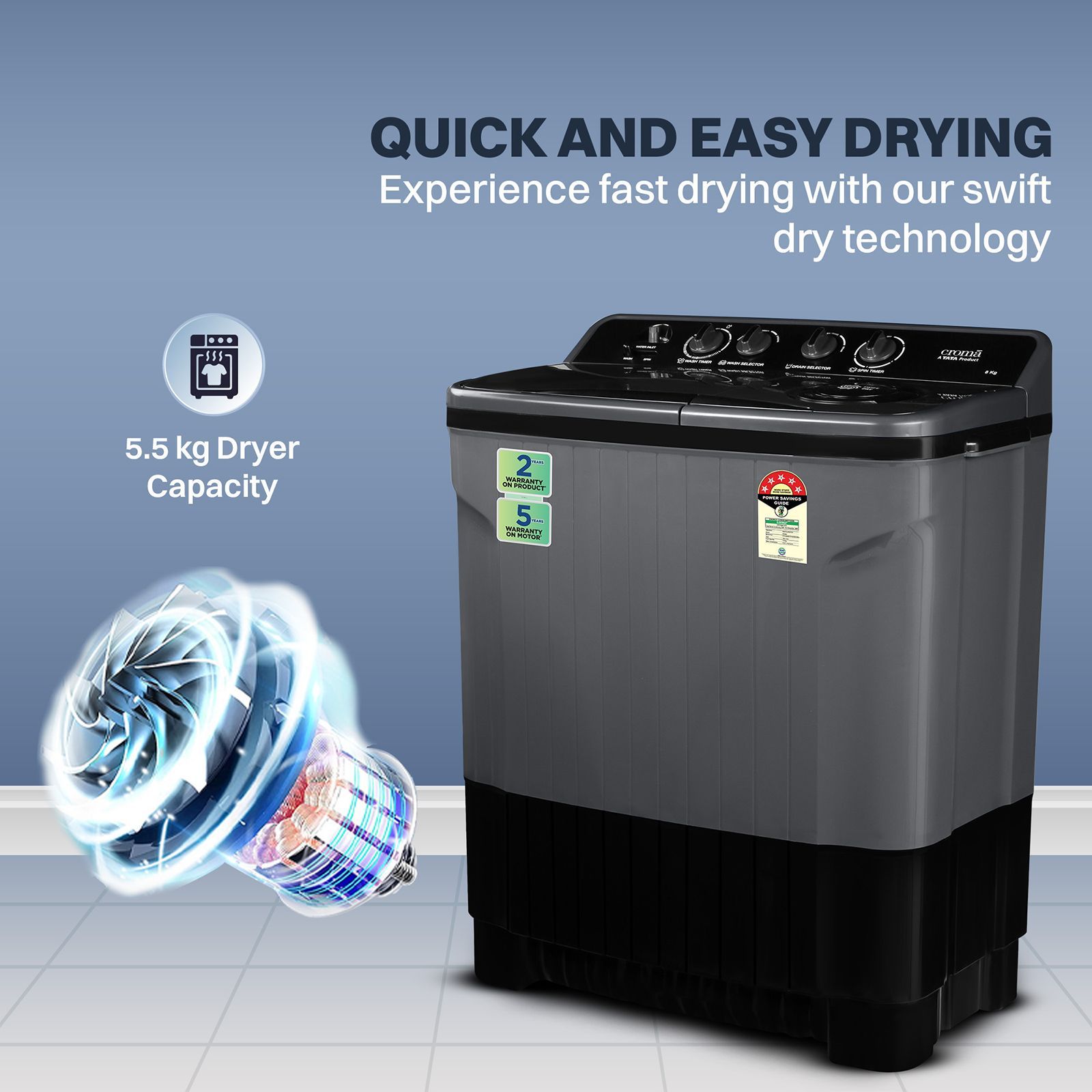 Croma 8 kg 5 Star Semi Automatic Washing Machine with Magic Filter (CRLW080SMF248602, Black)_8