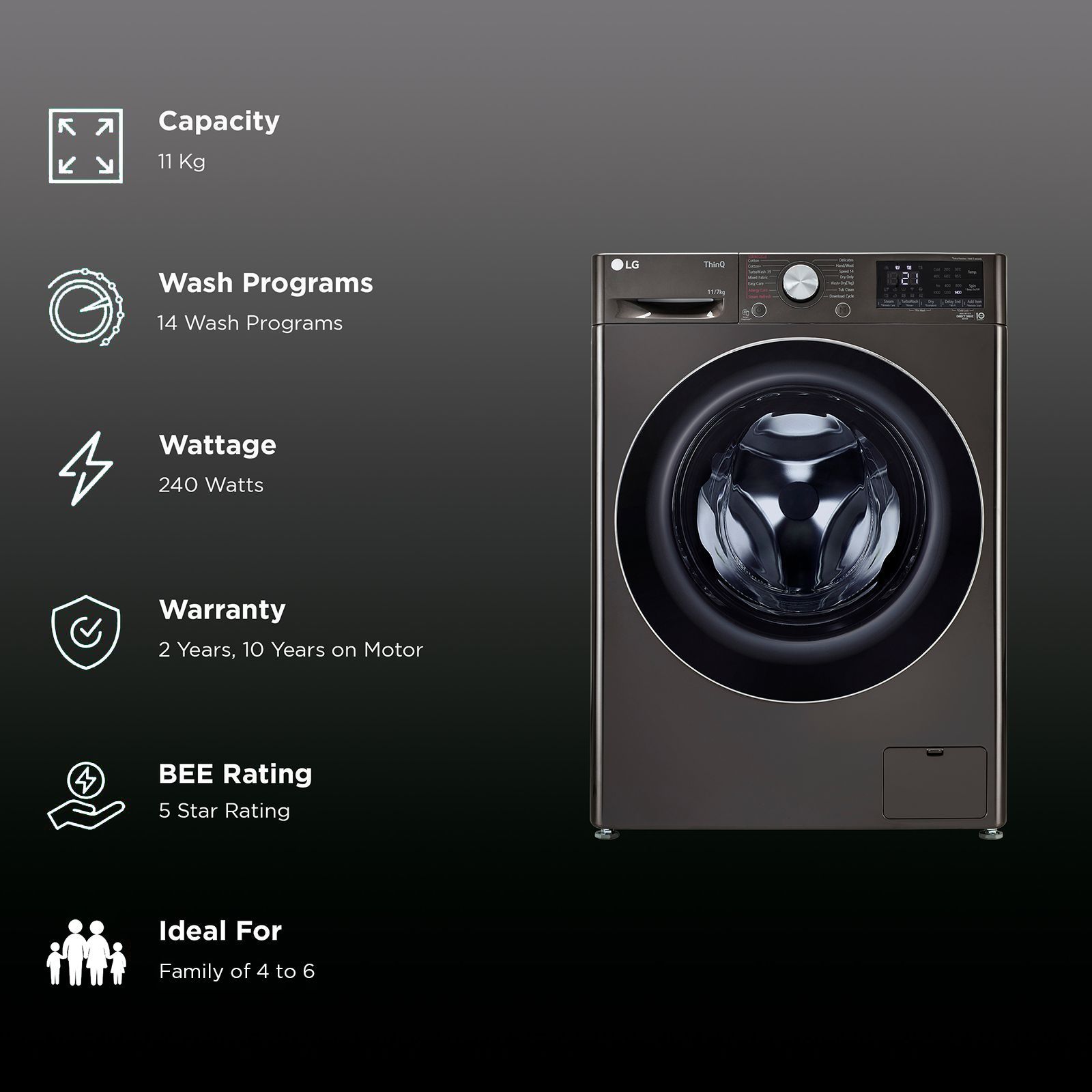 LG Vivace 11 kg/7 kg 5 Star Fully Automatic Front Load Washer Dryer Combo (AI Direct Drive Technology, FHD1107STB.ABLQEIL, Black VCM)_2