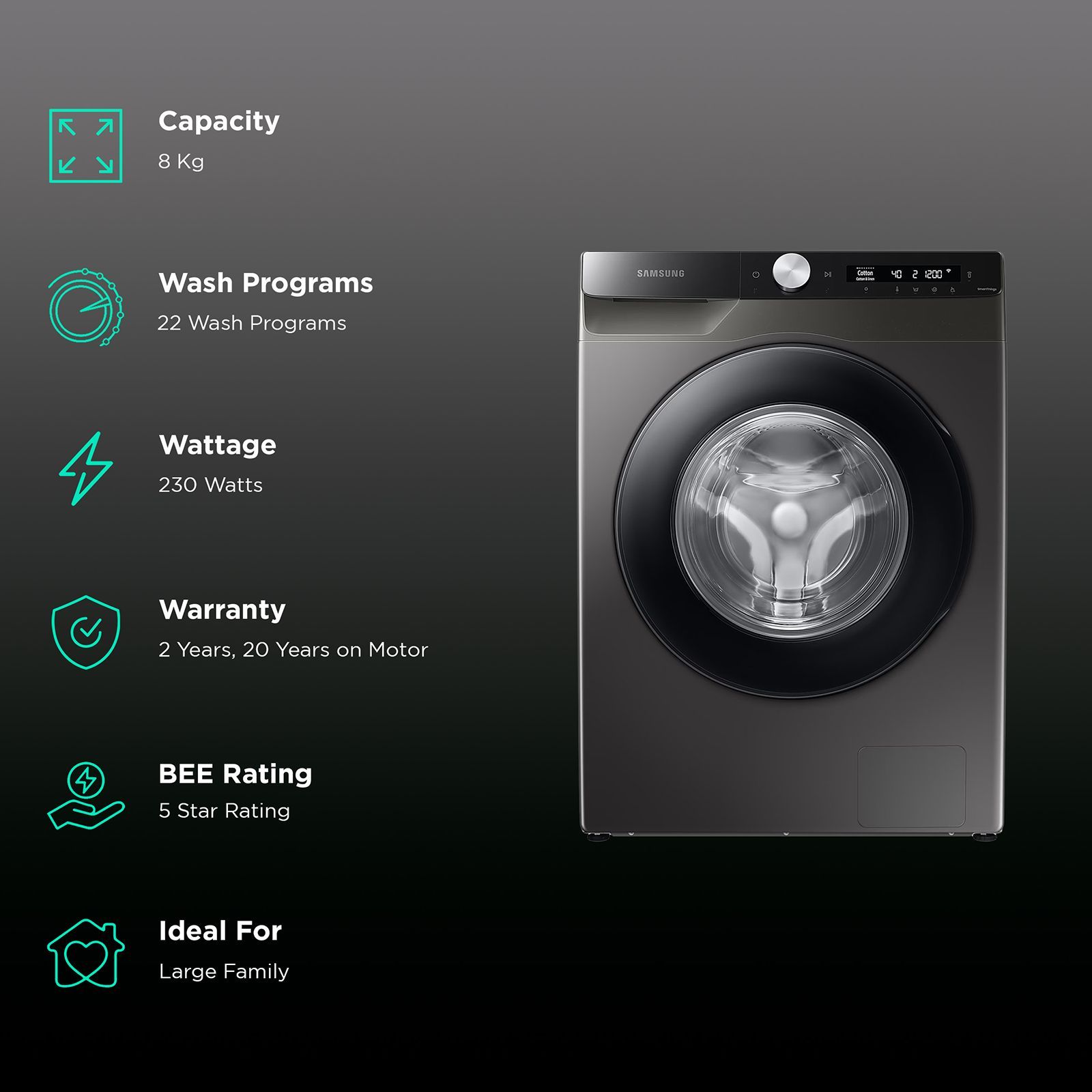 SAMSUNG 8 kg 5 Star Inverter Fully Automatic Front Load Washing Machine (AI Ecobubble, WW80T504DAX1TL, Diamond Drum, Dark Grey)_2